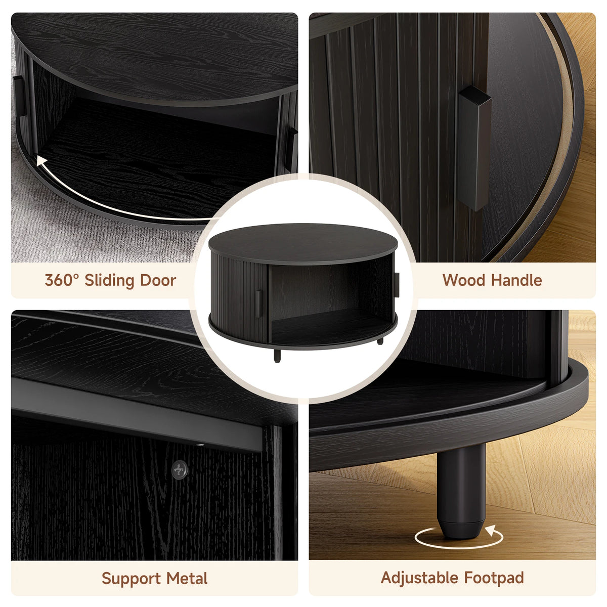 Modern Round Wood Coffee Table With Sliding Door Storage Cabinet