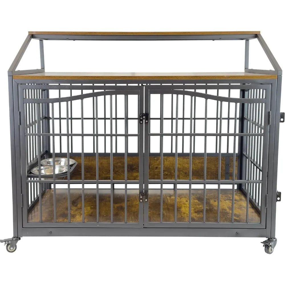 Wooden Dog Crate Furniture End Table With Stainless Steel Bowls