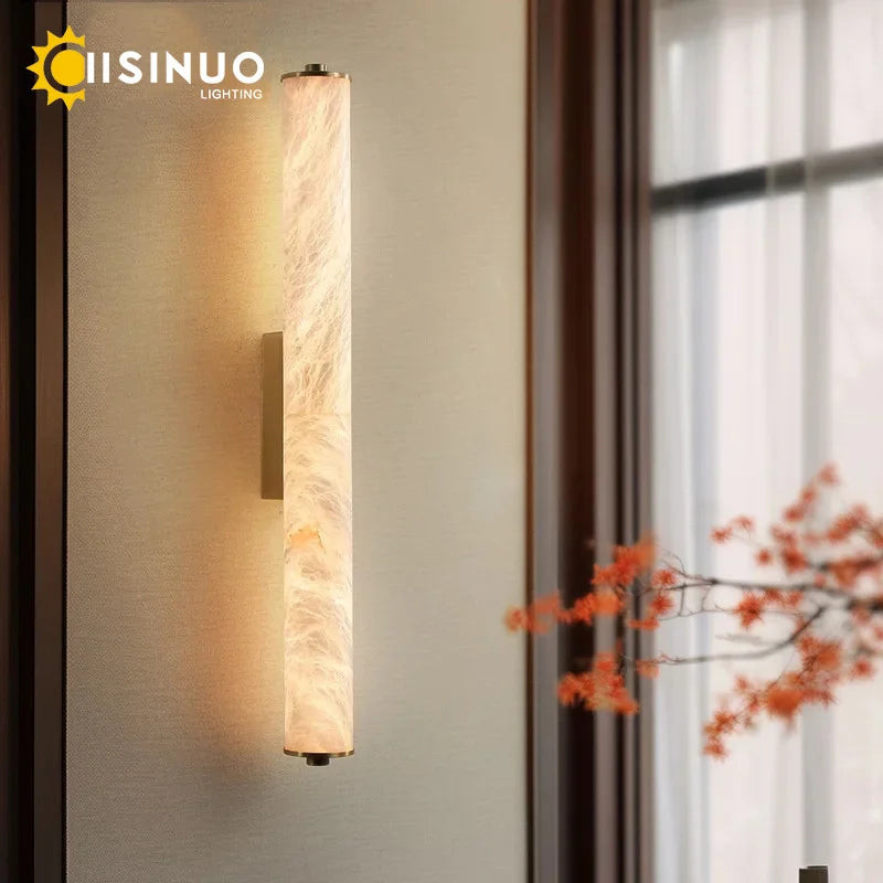 Spanish Natural Marble Wall Light for Bathroom Cylindrical Wall Lamp Stone Up and Down Sconce Indoor Parlor Bedroom Stairs Decor