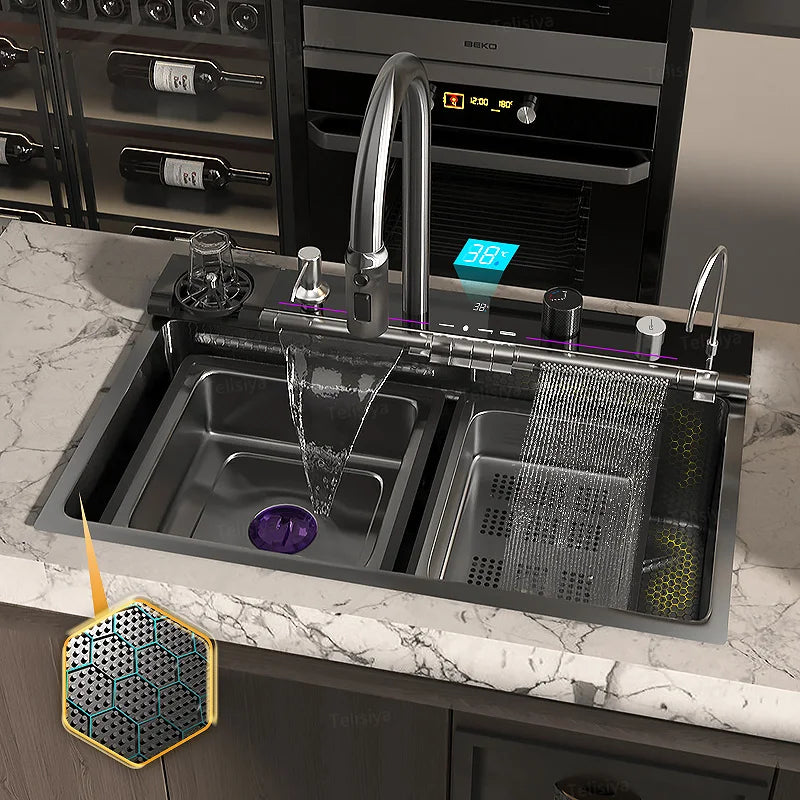 Various Waterfall Kitchen Sink Stainless Steel Multifunctional Large Single Slot Digital Display Sinks
