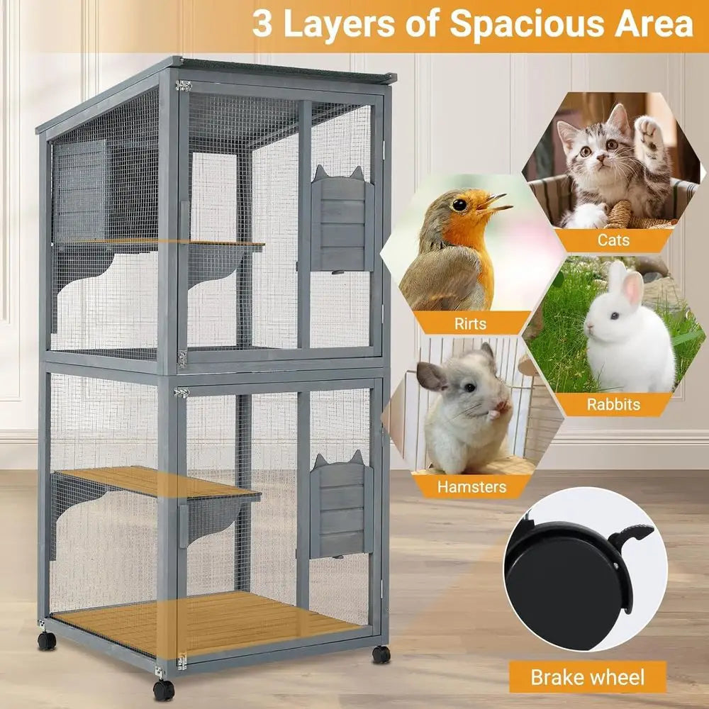 69 Large Waterproof Outdoor Indoor Catio Enclosure with Lockable Wheels, Resting Cabin, Platforms for Multi-Cat Families
