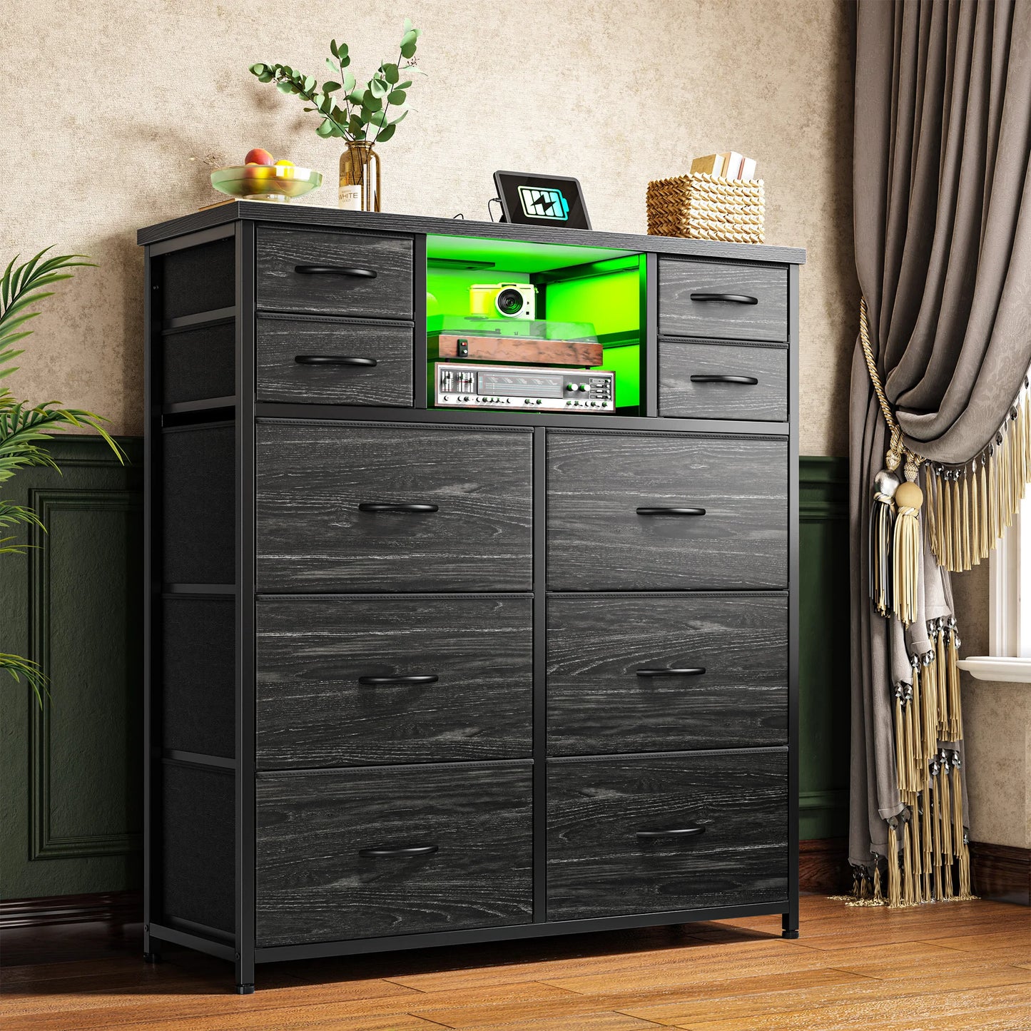 Ten Drawer Fabric Storage Chest With LED Charging Station