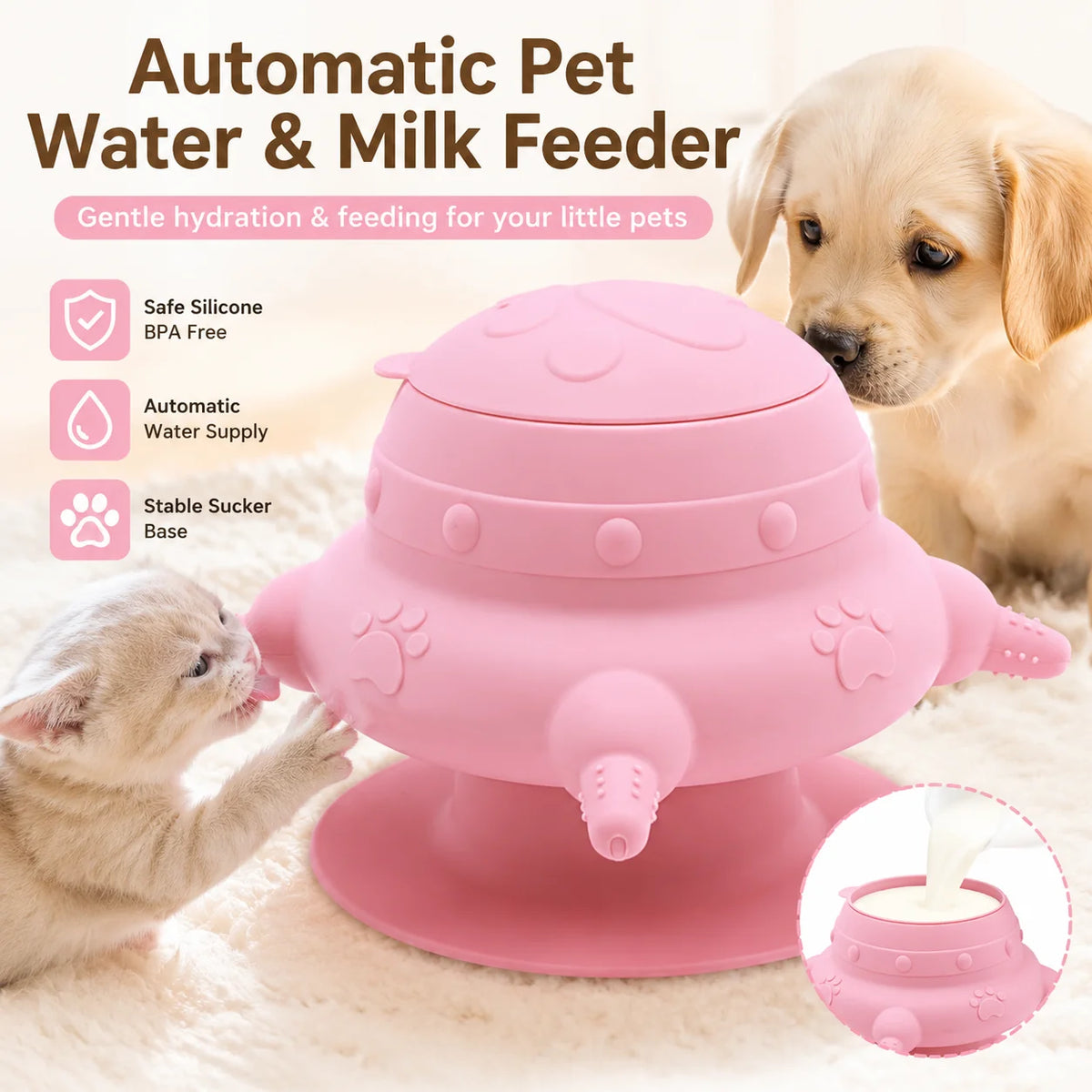 Biomimetic Pet Milk Feeder Soft Silicone Puppy Nursing Bottle Automatic Kitten Nipple Bowl with Suction Base 235ml