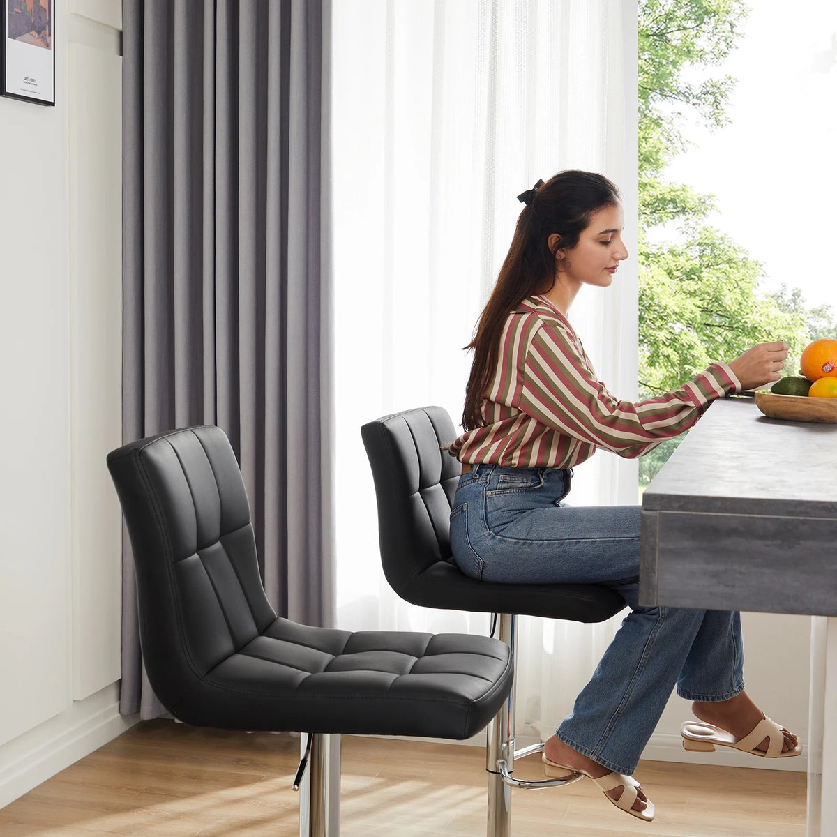 JHK PU Leather Upholstered Bar Stools With Comfortable Backrest Set