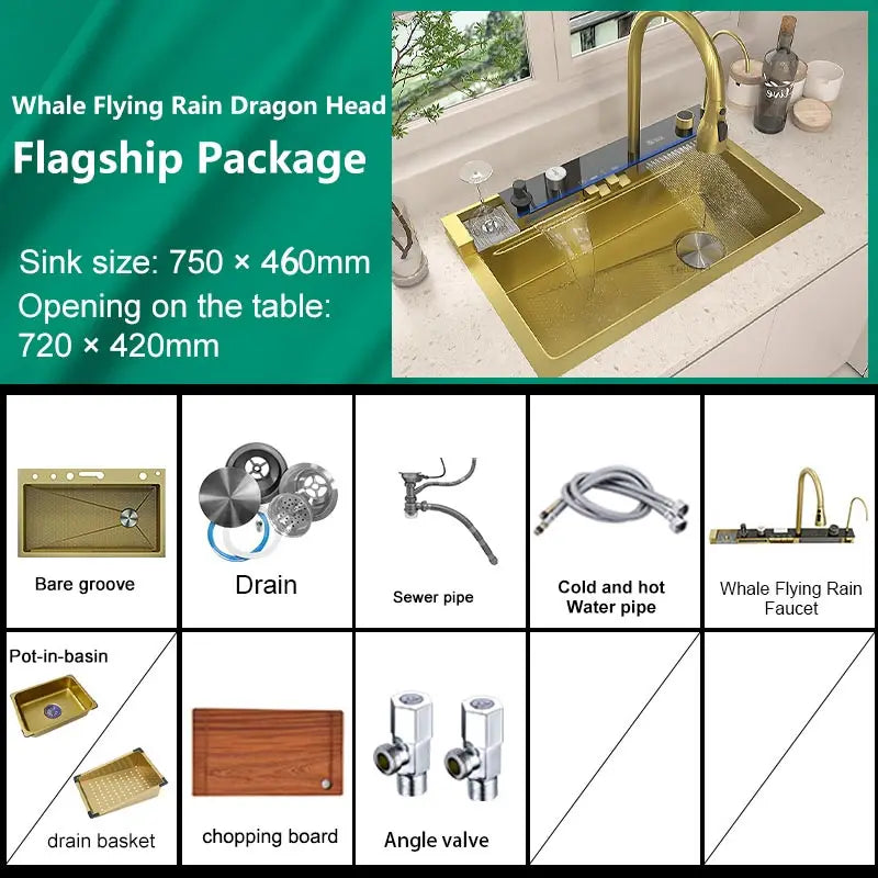 Various Waterfall Kitchen Sink Stainless Steel Multifunctional Large Single Slot Digital Display Sinks