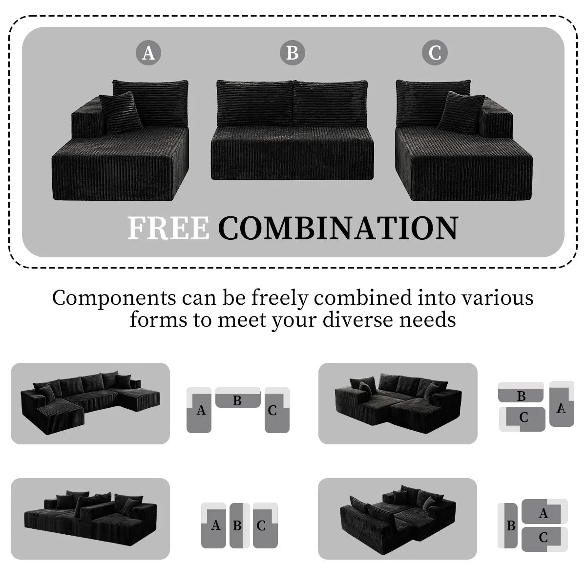 132in Modular U-Shaped Sectional Sofa with Double Chaise Lounges, 8-Piece Corduroy Oversized Pit Couch, Seats 6 People, Large U Style Floor Sofa for Living Room Family Gathering