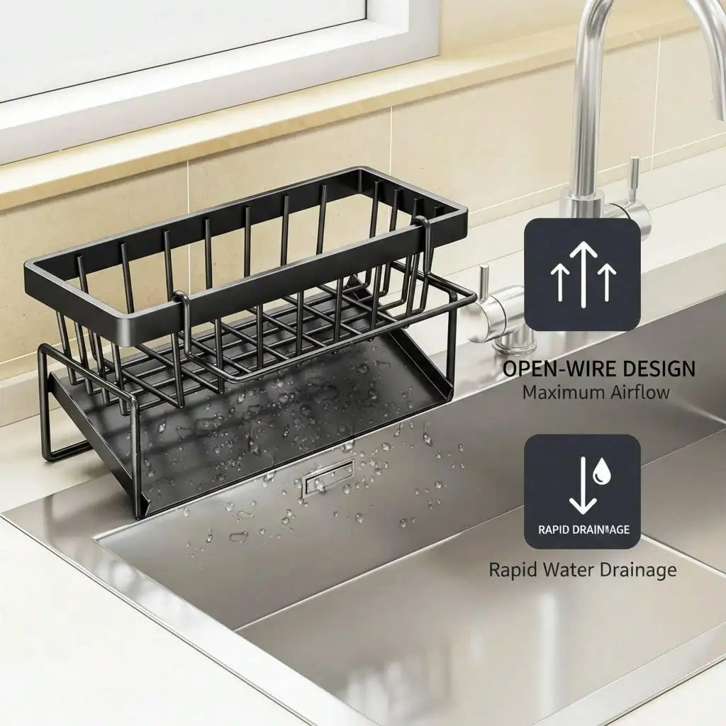 Steel Draining Rack For Sponges/Utensils/Soap, Sloped To Avoid Pooling, With Towel Bar To Prevent Mold. Ideal For Kitchen.