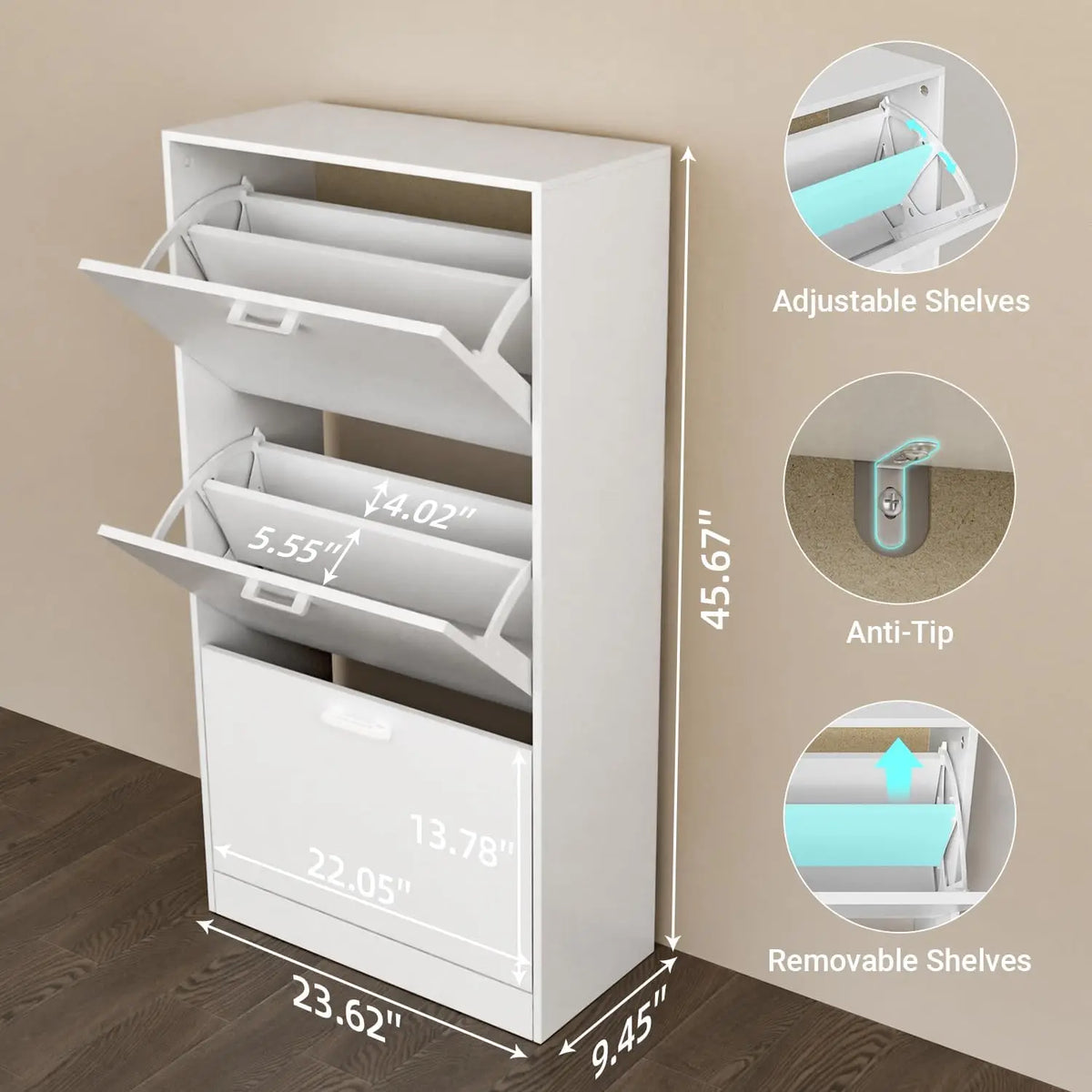 Wooden Freestanding Shoe Cabinet Flip Drawers Storage Organizer For Home