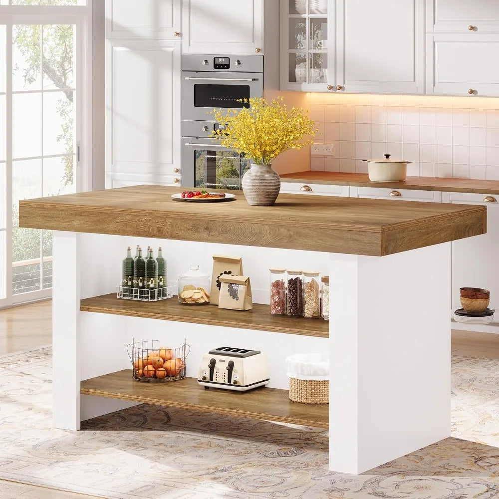 55-Inch Kitchen Island with Storage, Farmhouse Center Island Table for Kitchen, Dining Room, Living Room, Brown, Customized