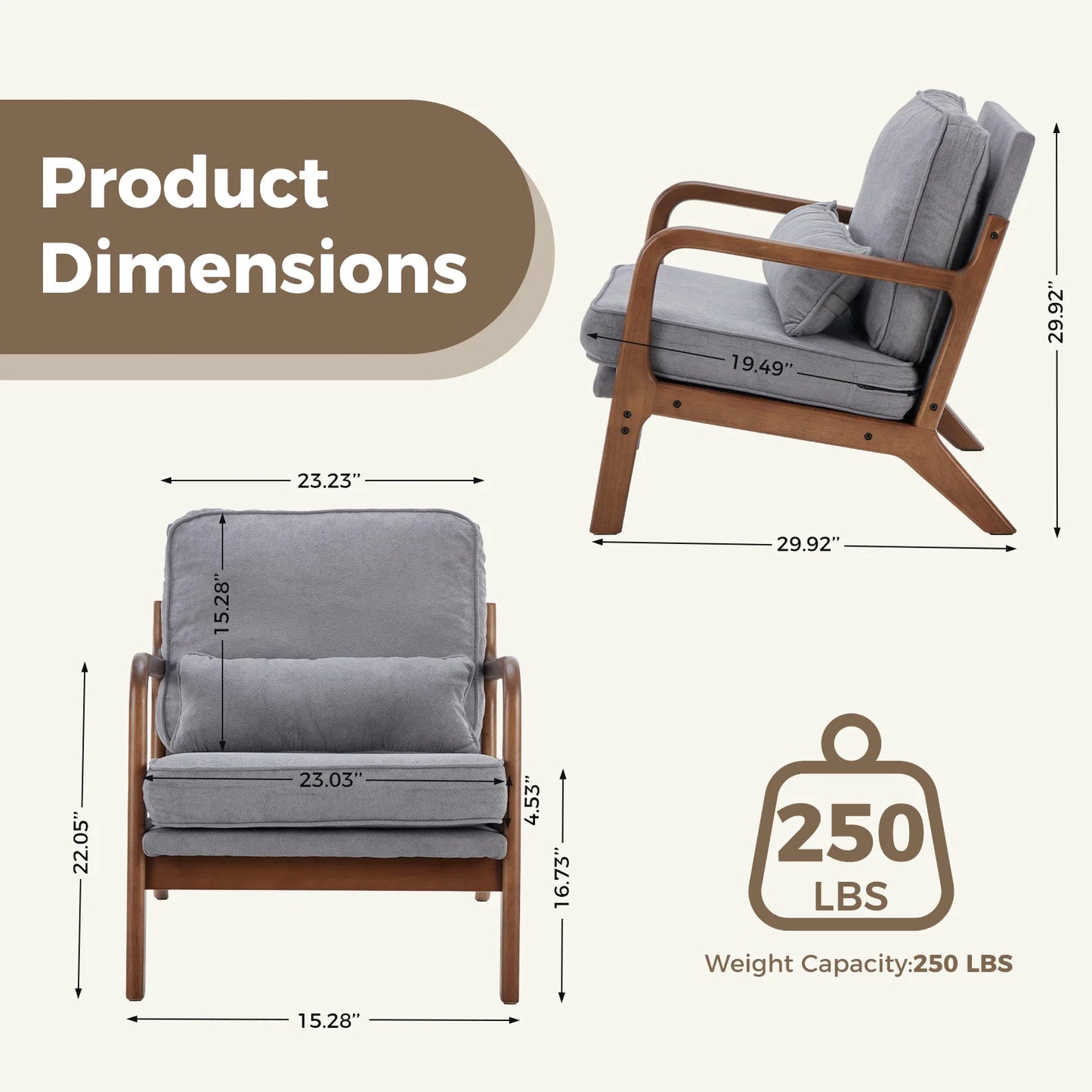 JHK Mid Century Modern Wooden Accent Armchair With Waist Cushion