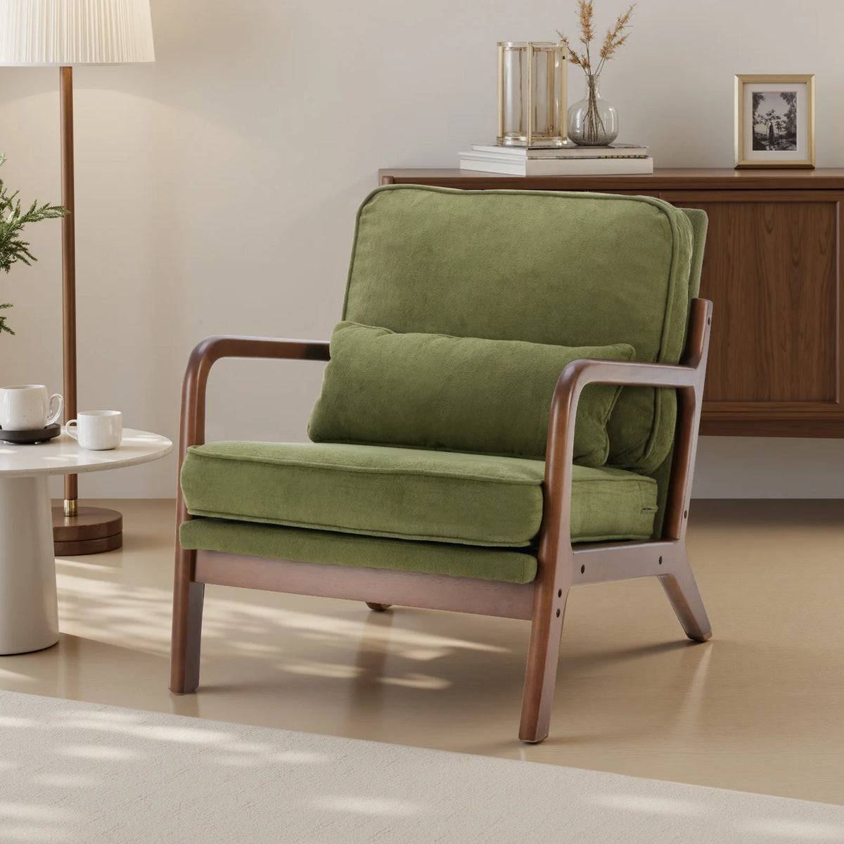 JHK Mid Century Modern Wooden Accent Armchair With Waist Cushion