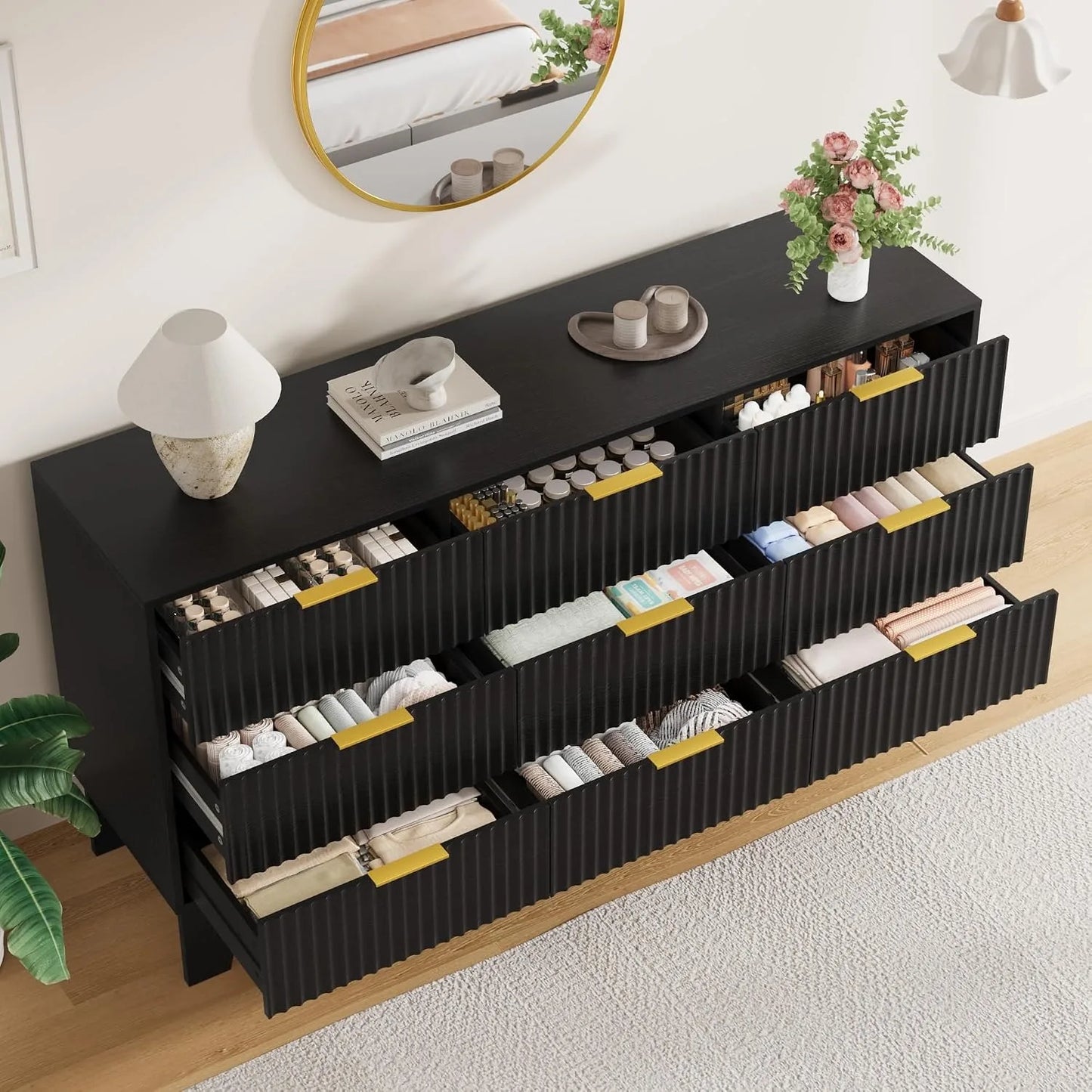 59 Inch Wide Fluted 9 Drawer Dresser Modern Wood Chest of Drawers with Metal Handles TV Stand Storage Cabinet Organizer for Bedroom Living Room Hallway Entryway