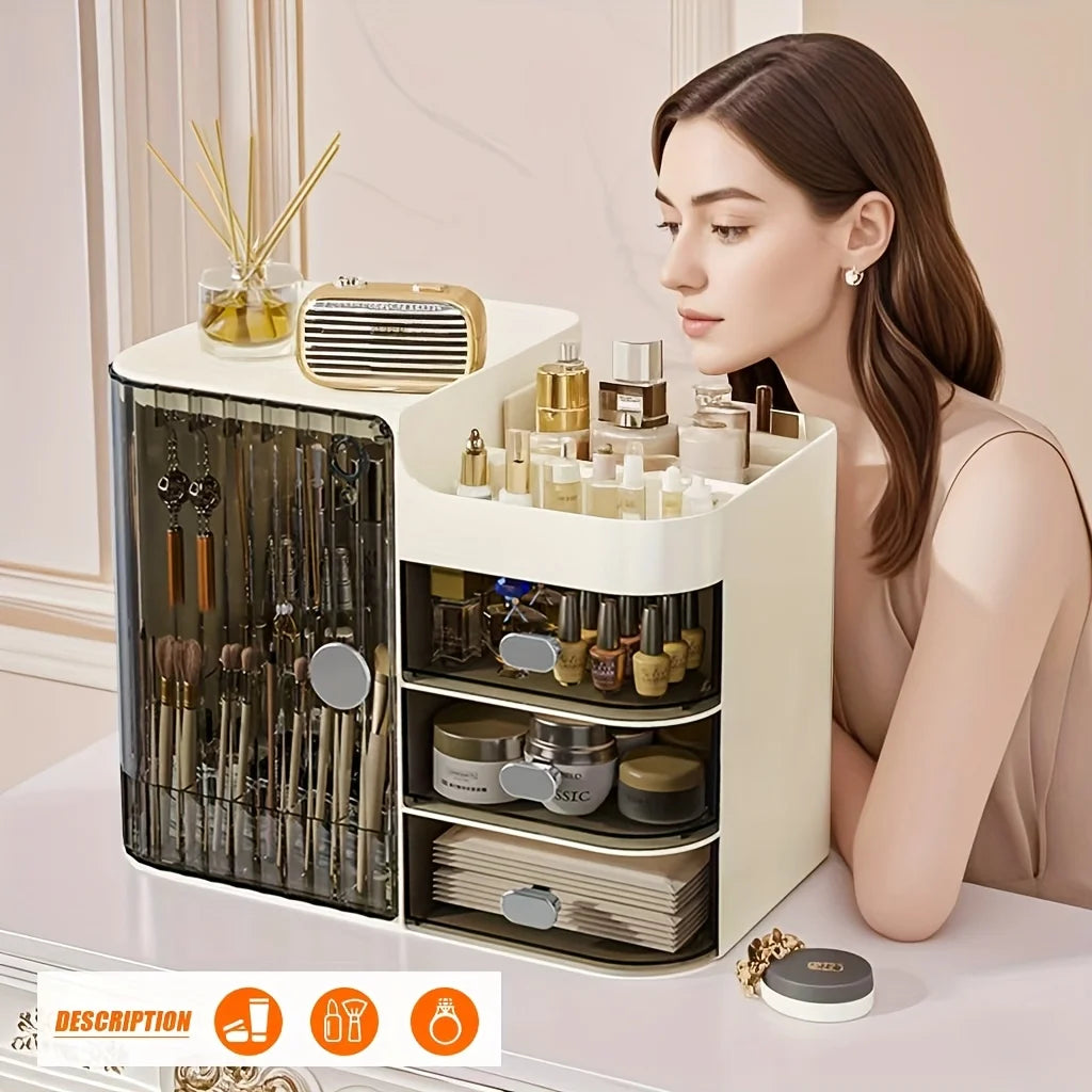 Beige Cosmetic Storage Box with 3 Drawers and Mirror High Capacity Makeup Organizer for Home and Bathroom