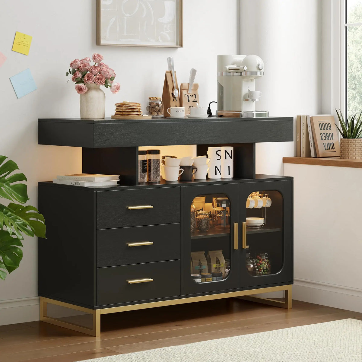 HiMISS LED Sideboard Buffet Cabinet With Charging Station And Storage