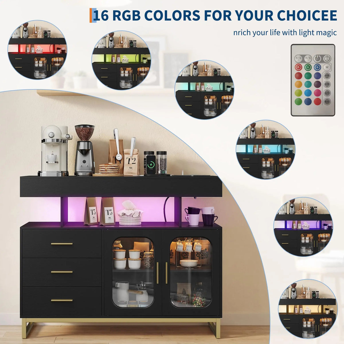 HiMISS LED Sideboard Buffet Cabinet With Charging Station And Storage