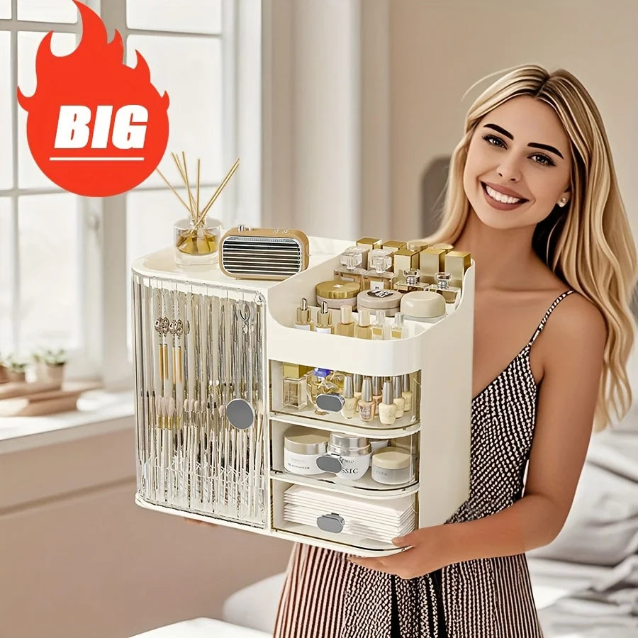 Beige Cosmetic Storage Box with 3 Drawers and Mirror High Capacity Makeup Organizer for Home and Bathroom
