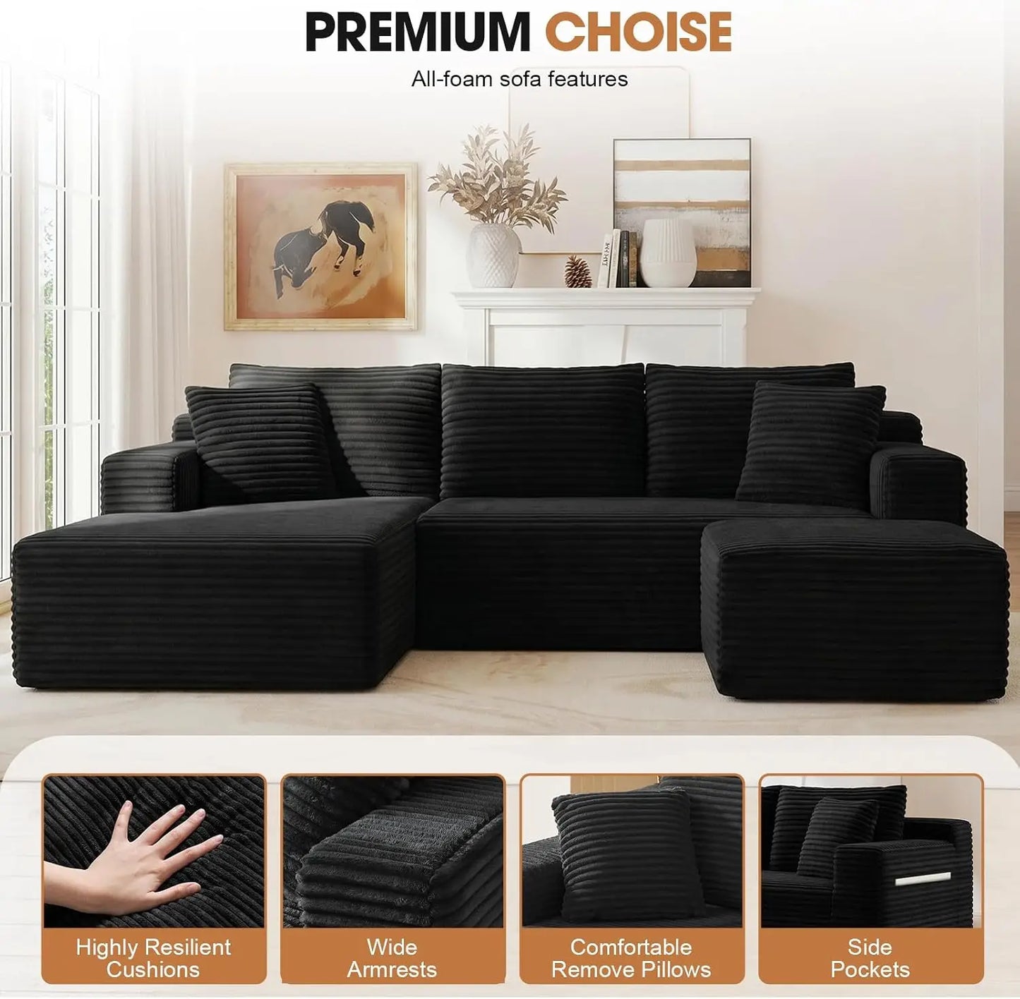 94.5" U-Shaped Sectional Sofa with Deep Seat, No Assembly Modular Cloud Couch in Corduroy Fabric with Ottoman, Space-Saving Sleeper for Living Room Bedroom Apartment, Black