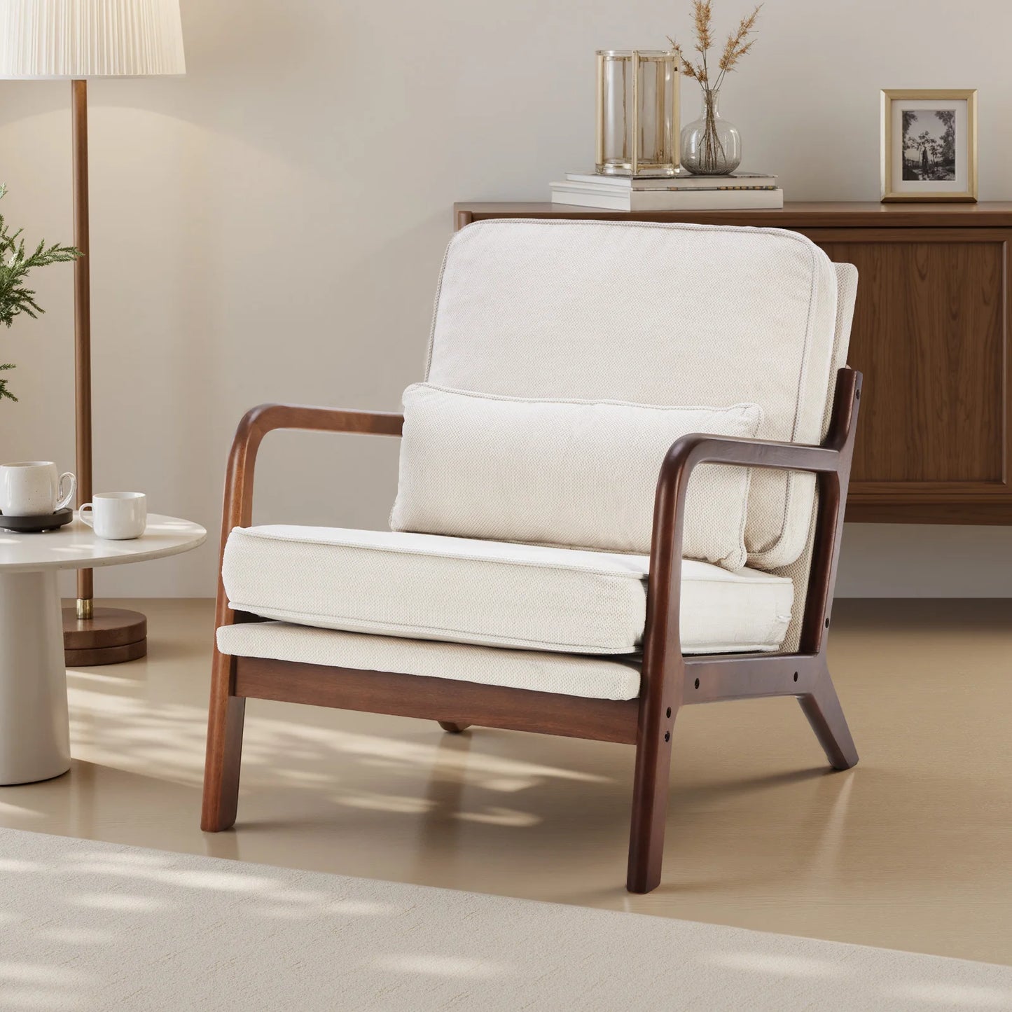 JHK Mid Century Modern Wooden Accent Armchair With Waist Cushion