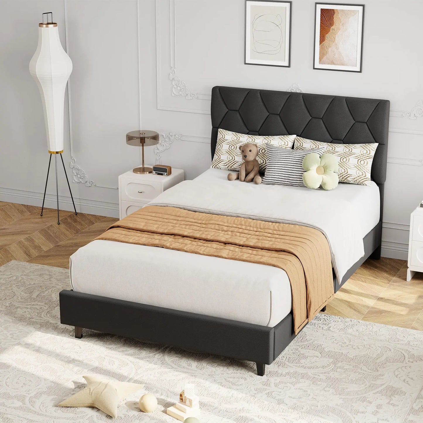 HiMiss Upholstered Platform Bed Frame Adjustable Heavy Duty Headboard