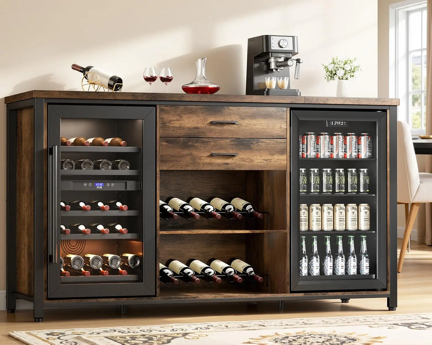 Large Coffee Bar Cabinet with 2 Fridge Space, 70.8" L Farmhouse Wine Cabinet, Wood Buffet Sideboard Table Station,, Customized