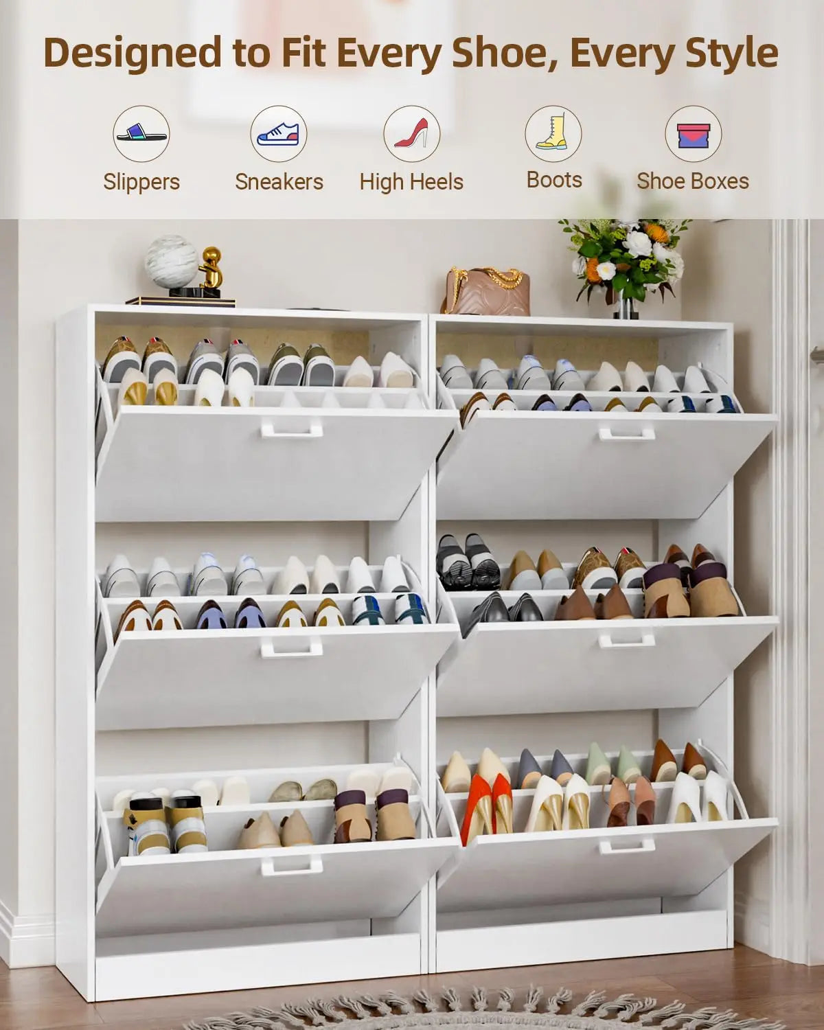 Wooden Freestanding Shoe Cabinet Flip Drawers Storage Organizer For Home