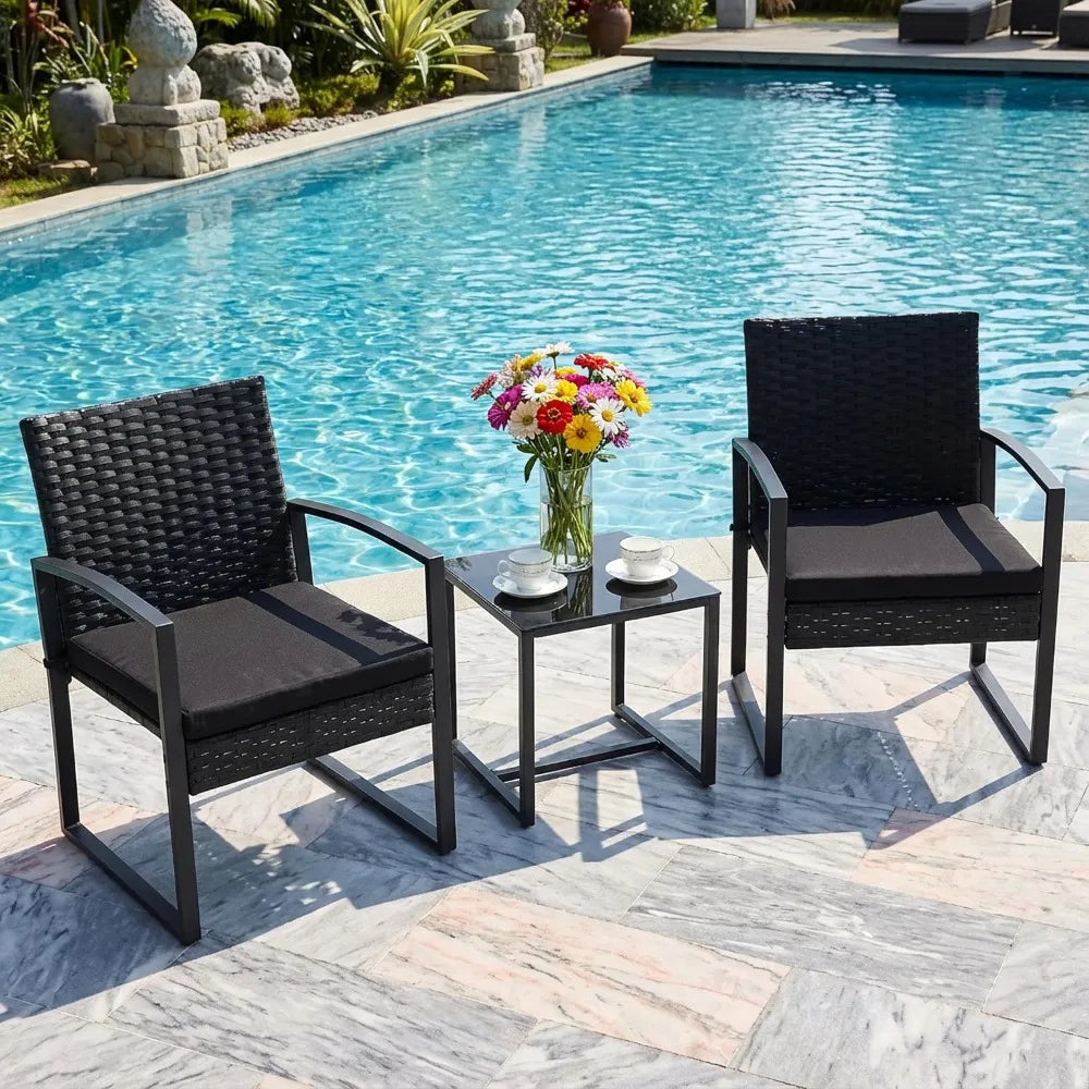 Outdoor Rattan Bistro Set 3 Pieces Patio Furniture with Coffee Table Steel Frame and Strapped Cushions for Garden Balcony