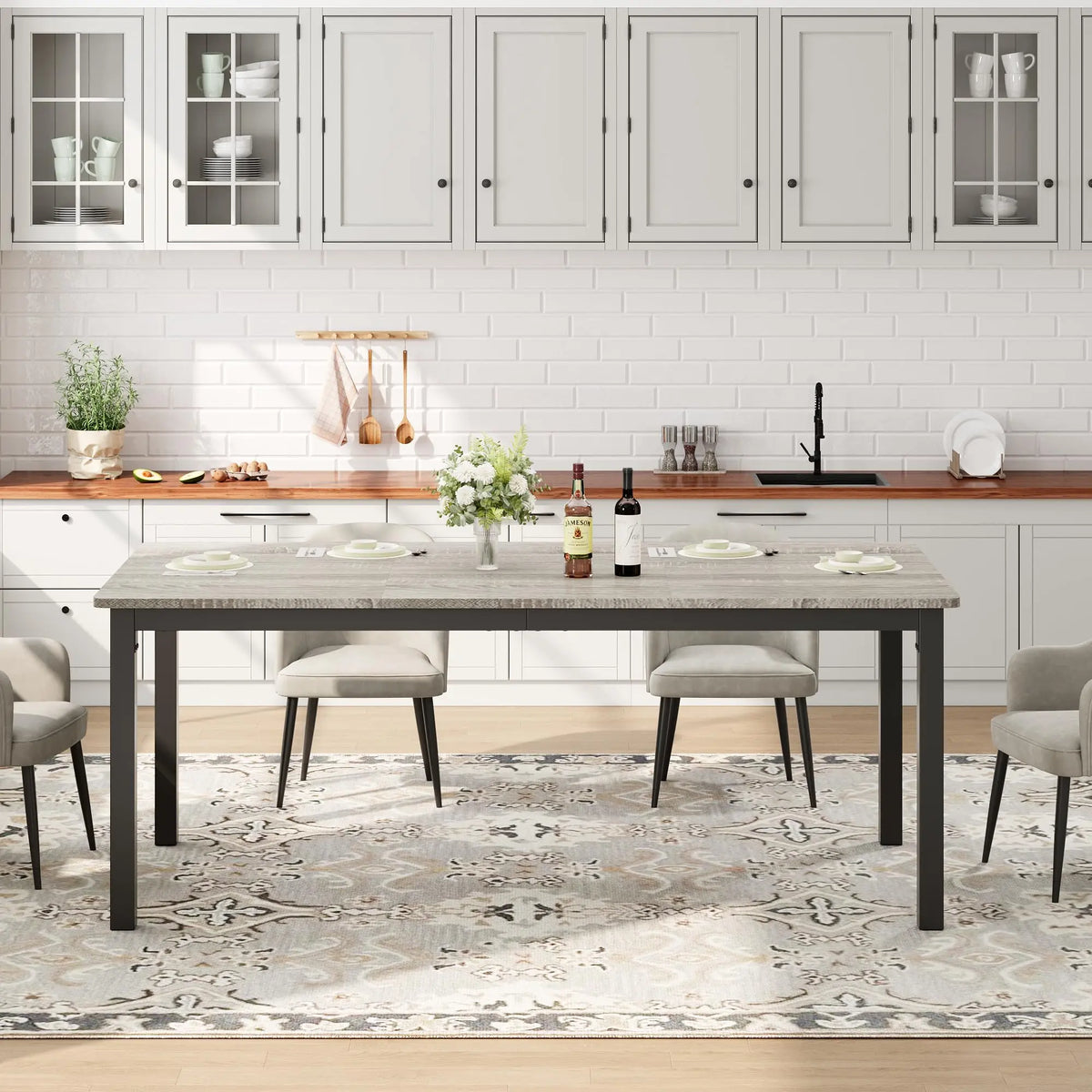 EliteZ Farmhouse Wooden Dining Table With Industrial Metal Frame