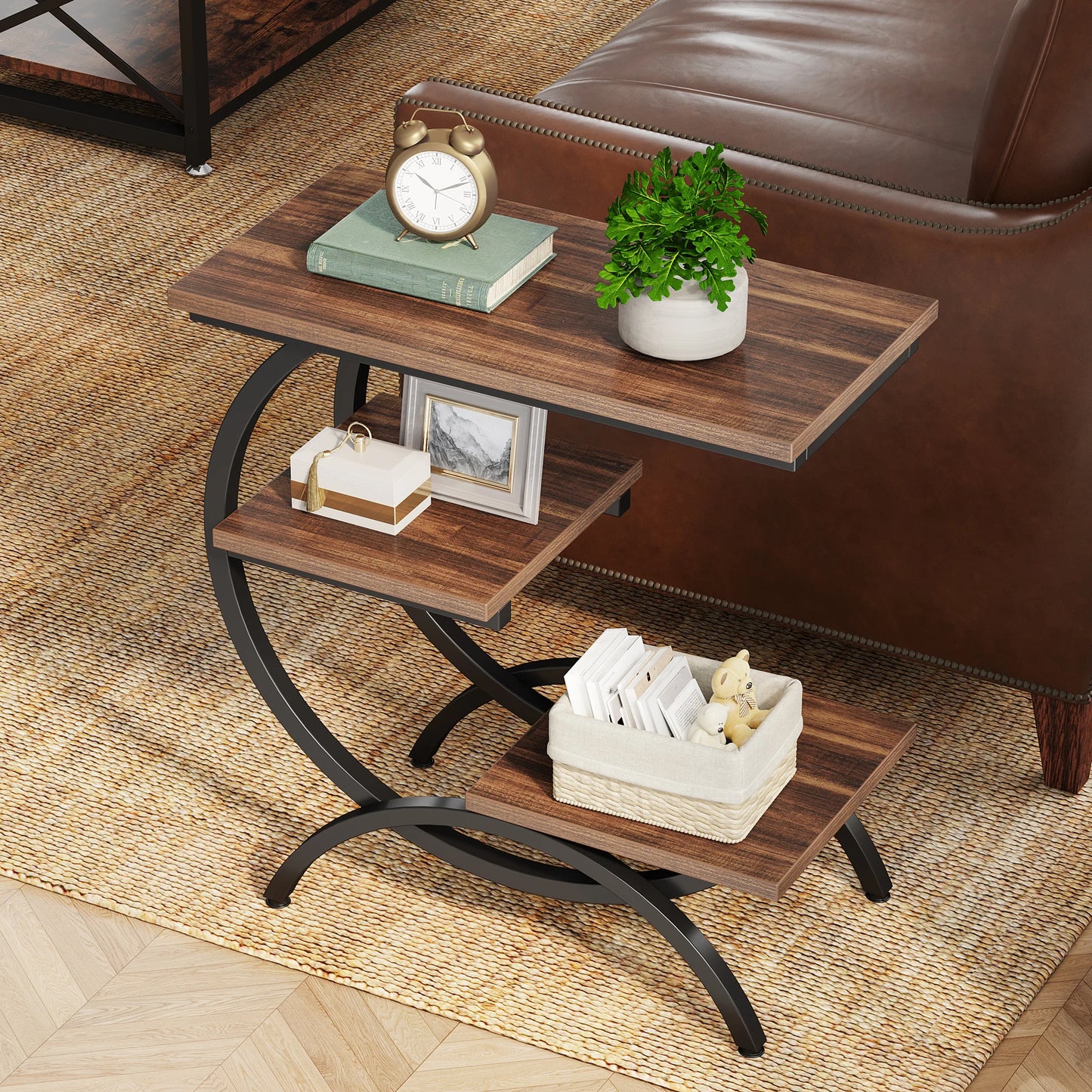 Tribesigns C Shaped End Table 3 Tier Industrial Bedside Storage