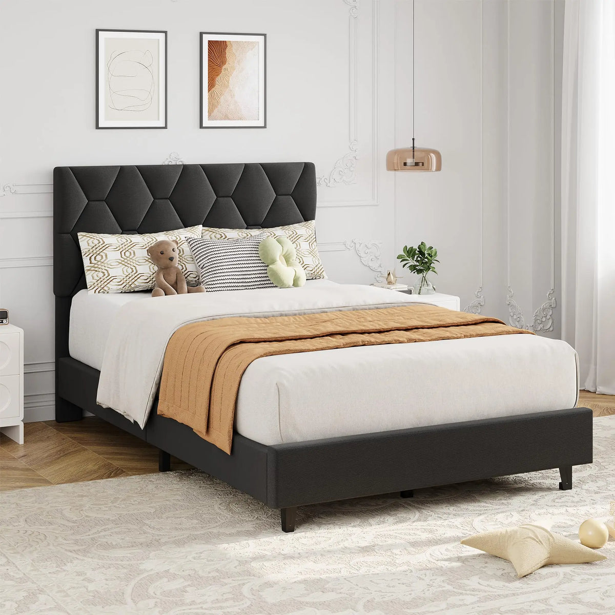 HiMiss Upholstered Platform Bed Frame Adjustable Heavy Duty Headboard