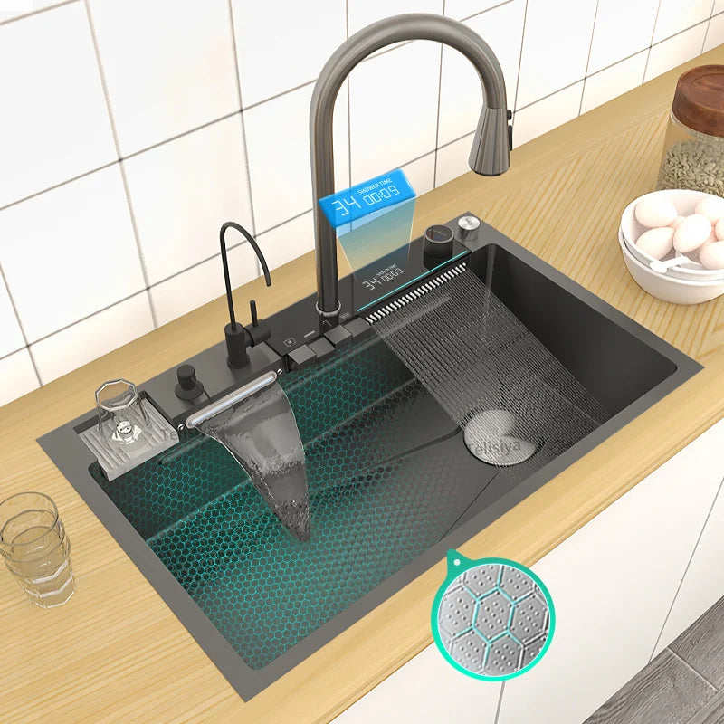 Various Waterfall Kitchen Sink Stainless Steel Multifunctional Large Single Slot Digital Display Sinks