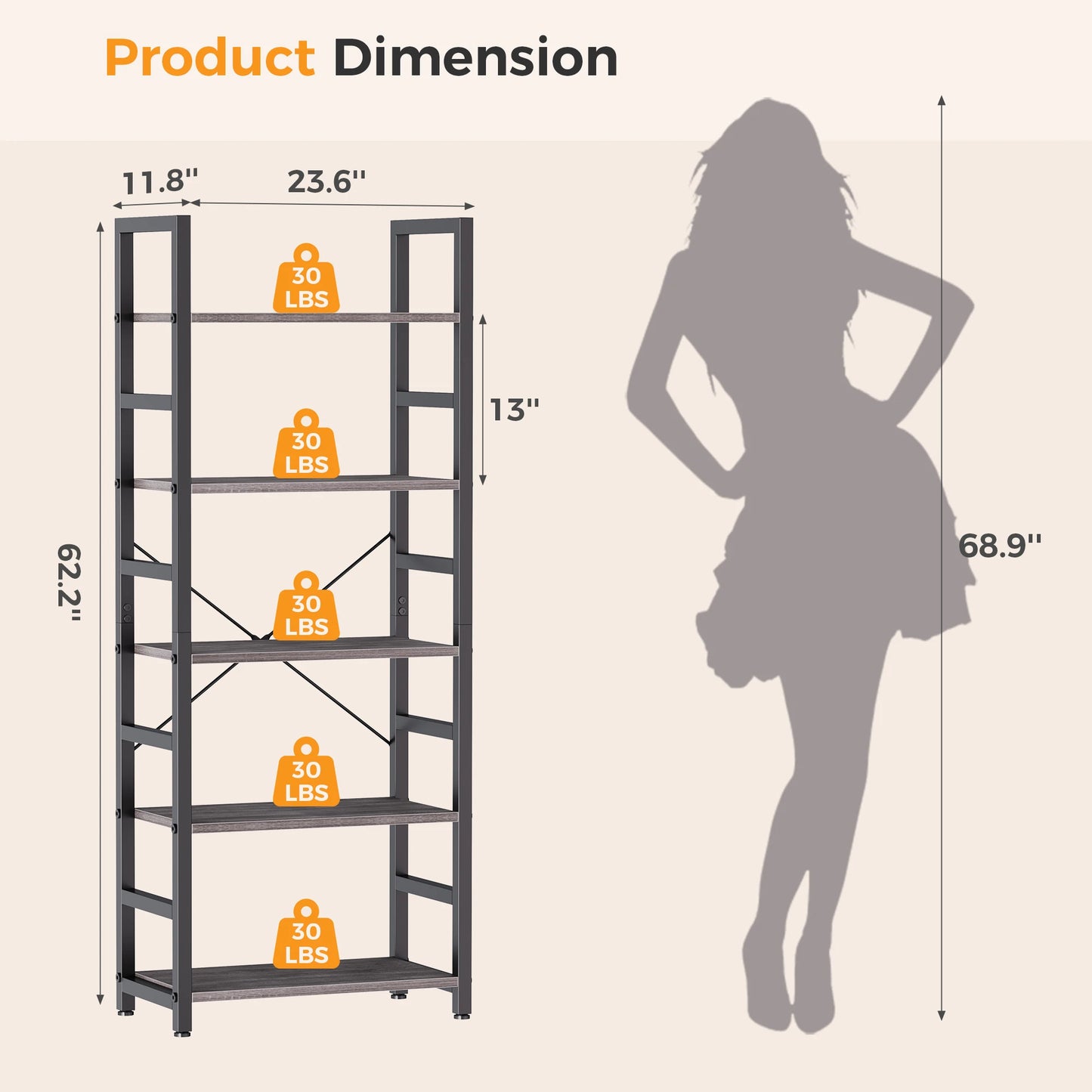 MCQ Wooden Storage Standing 5 Tiers Display Bookshelf Sturdy Structure Graduated Shelves Adjustable Feet for Living Room