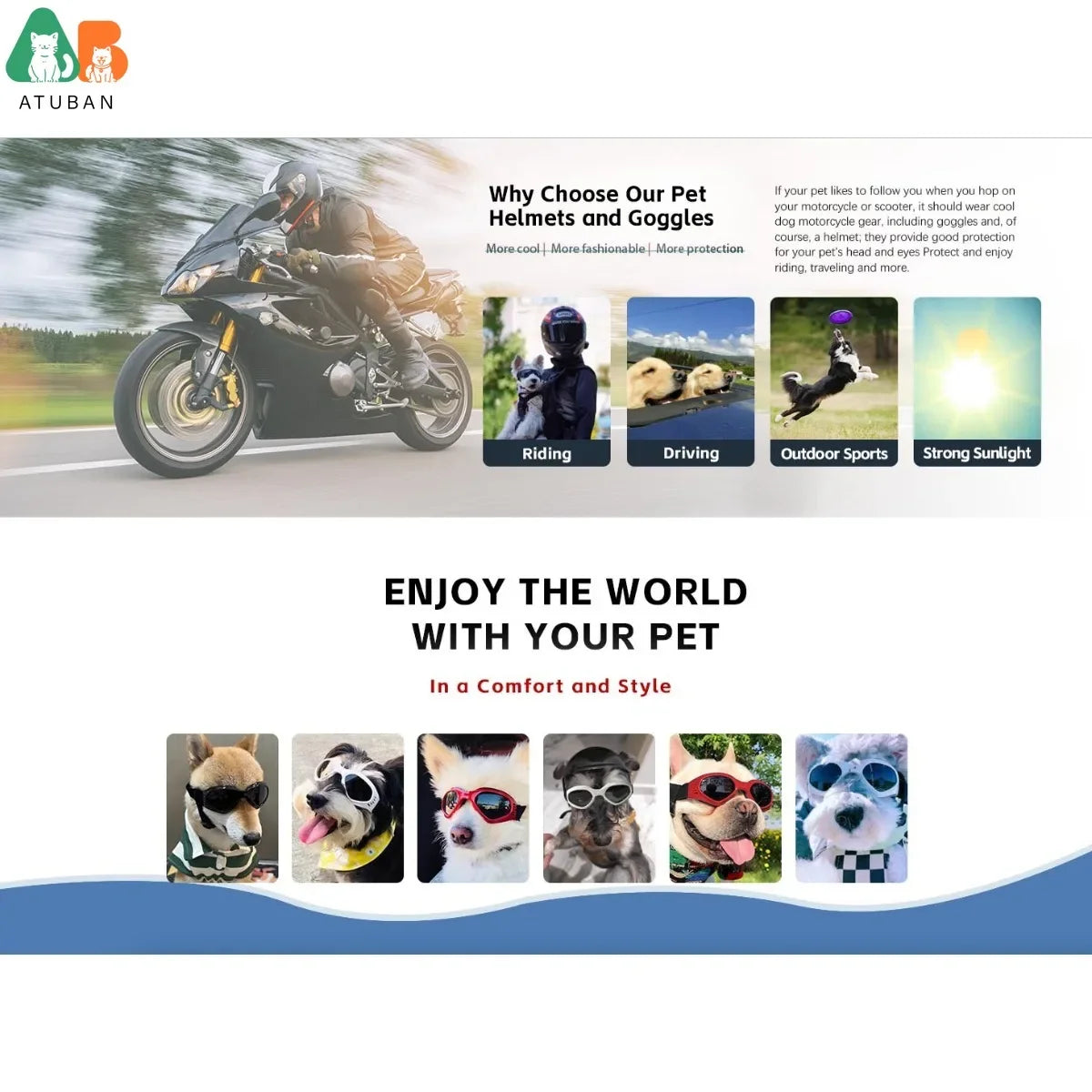 ATUBAN Cool Pet Motorcycle Helmet - Lightweight Goggles & Ear Holes Design, Stylish Protection for Small Dogs Riding & Driving