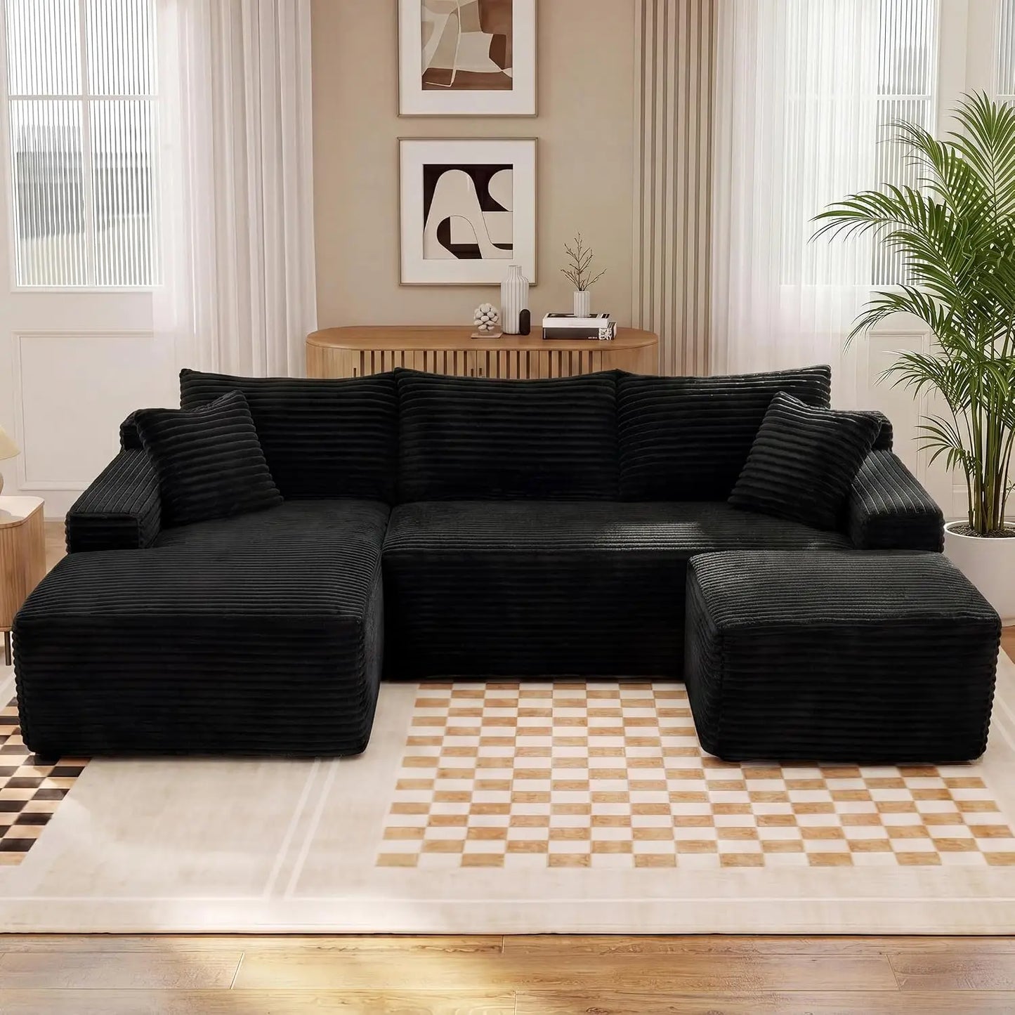 94.5" U-Shaped Sectional Sofa with Deep Seat, No Assembly Modular Cloud Couch in Corduroy Fabric with Ottoman, Space-Saving Sleeper for Living Room Bedroom Apartment, Black