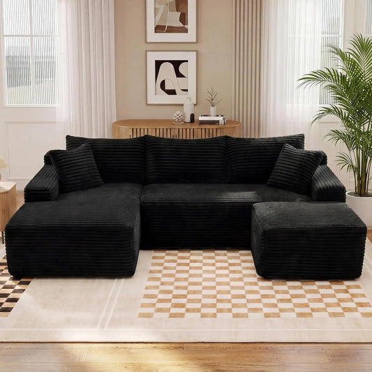 94.5" U-Shaped Sectional Sofa with Deep Seat, No Assembly Modular Cloud Couch in Corduroy Fabric with Ottoman, Space-Saving Sleeper for Living Room Bedroom Apartment, Black
