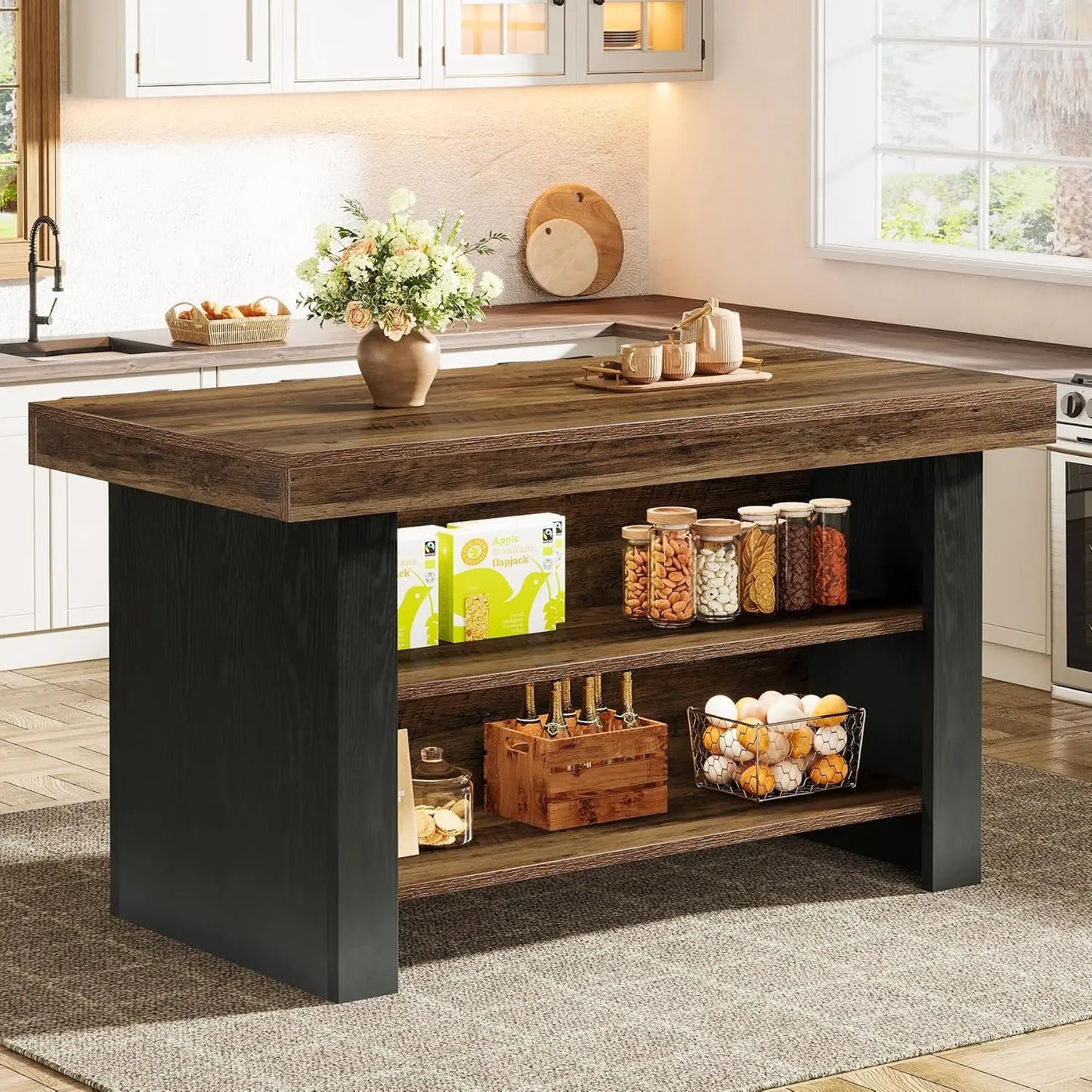 55-Inch Kitchen Island with Storage, Farmhouse Center Island Table for Kitchen, Dining Room, Living Room, Brown, Customized