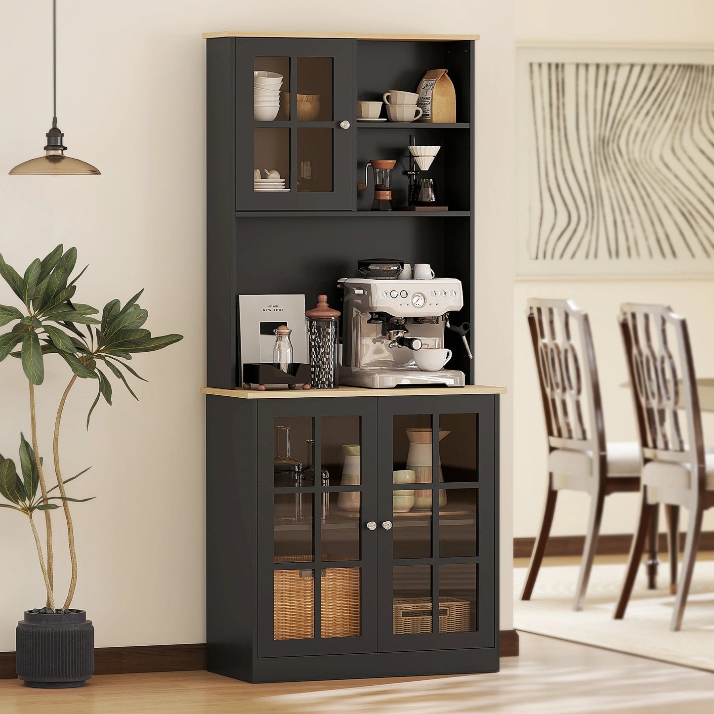 Homcom Kitchen Pantry Storage Cabinet, 72" Freestanding Cabinet with Hutch, Large Countertop, Glass Doors and Adjustable Shelves for Dining Room, Black