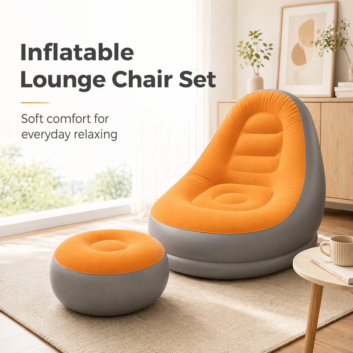 Inflatable Flocking Lazy Sofa Set with Foot Stool Portable Foldable Air Sofa Chair for Indoor Bedroom Outdoor Camping Leisure Furniture