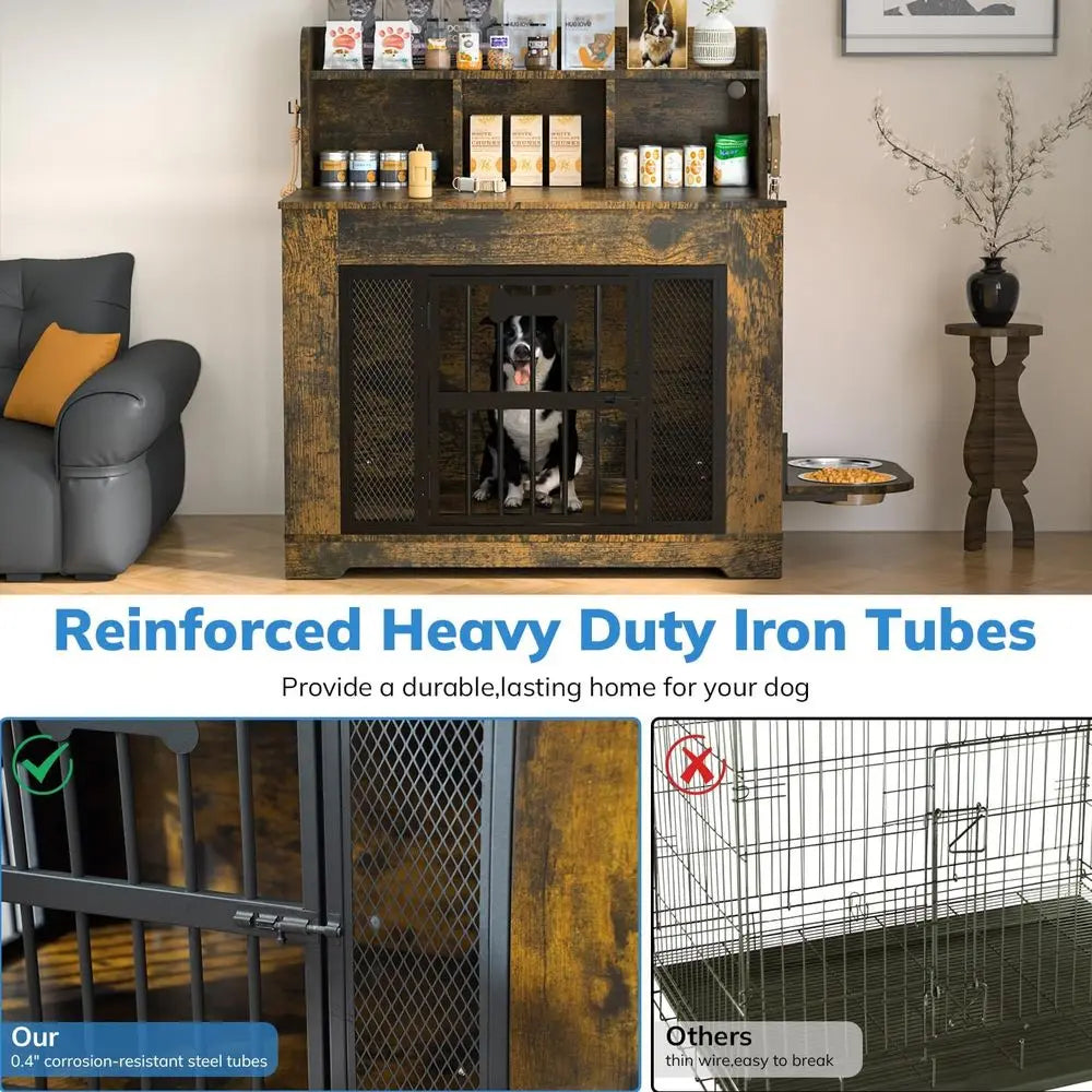33" Dog Crate urniture with Storage Shel & 2 StainlSteel Bowls, Heavy Duty Indoor Dog Kennel or Medium/Small Dogs, Wooden Dog Ca