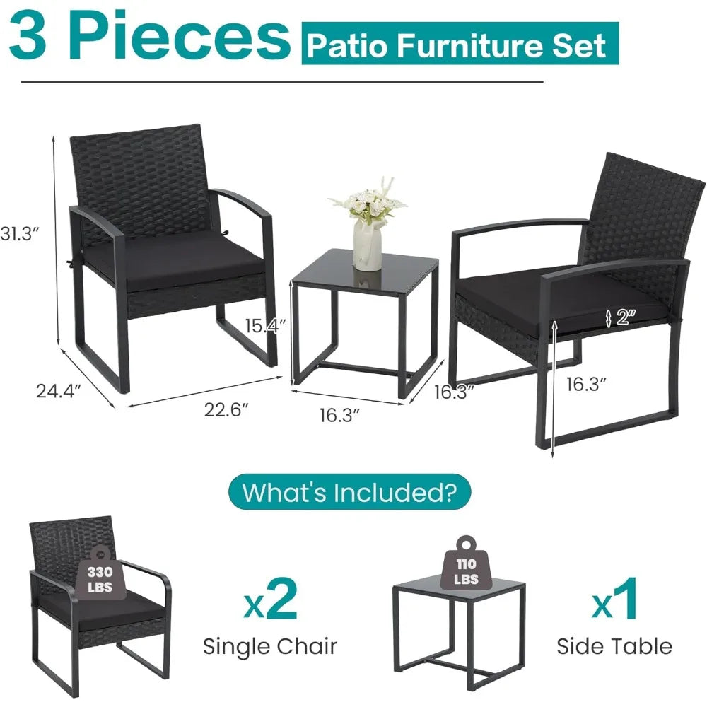 Outdoor Rattan Bistro Set 3 Pieces Patio Furniture with Coffee Table Steel Frame and Strapped Cushions for Garden Balcony