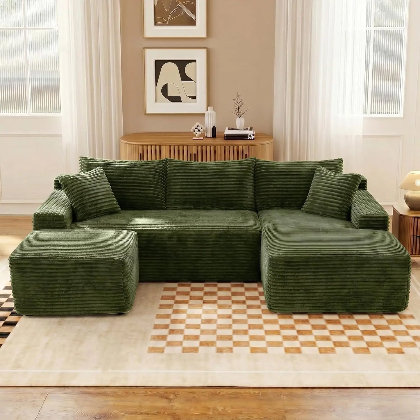 94.5" U-Shaped Sectional Sofa with Deep Seat, No Assembly Modular Cloud Couch in Corduroy Fabric with Ottoman, Space-Saving Sleeper for Living Room Bedroom Apartment, Black
