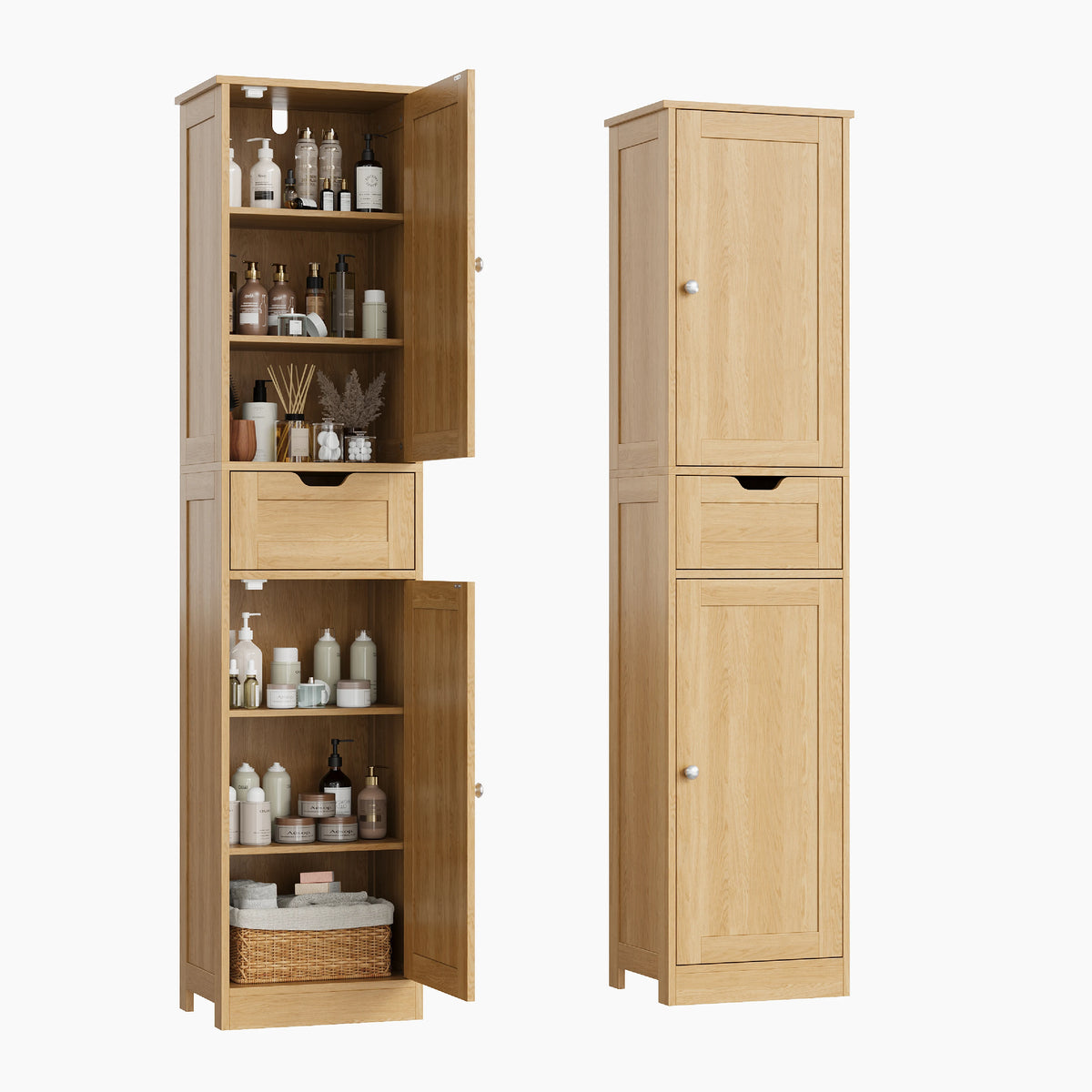Space-Saving Slim Bathroom Storage Cabinet – Vertical Organizer Rack, Robust Particle Board, Appropriate for Basin Area, Compact Solution, Rustic Style