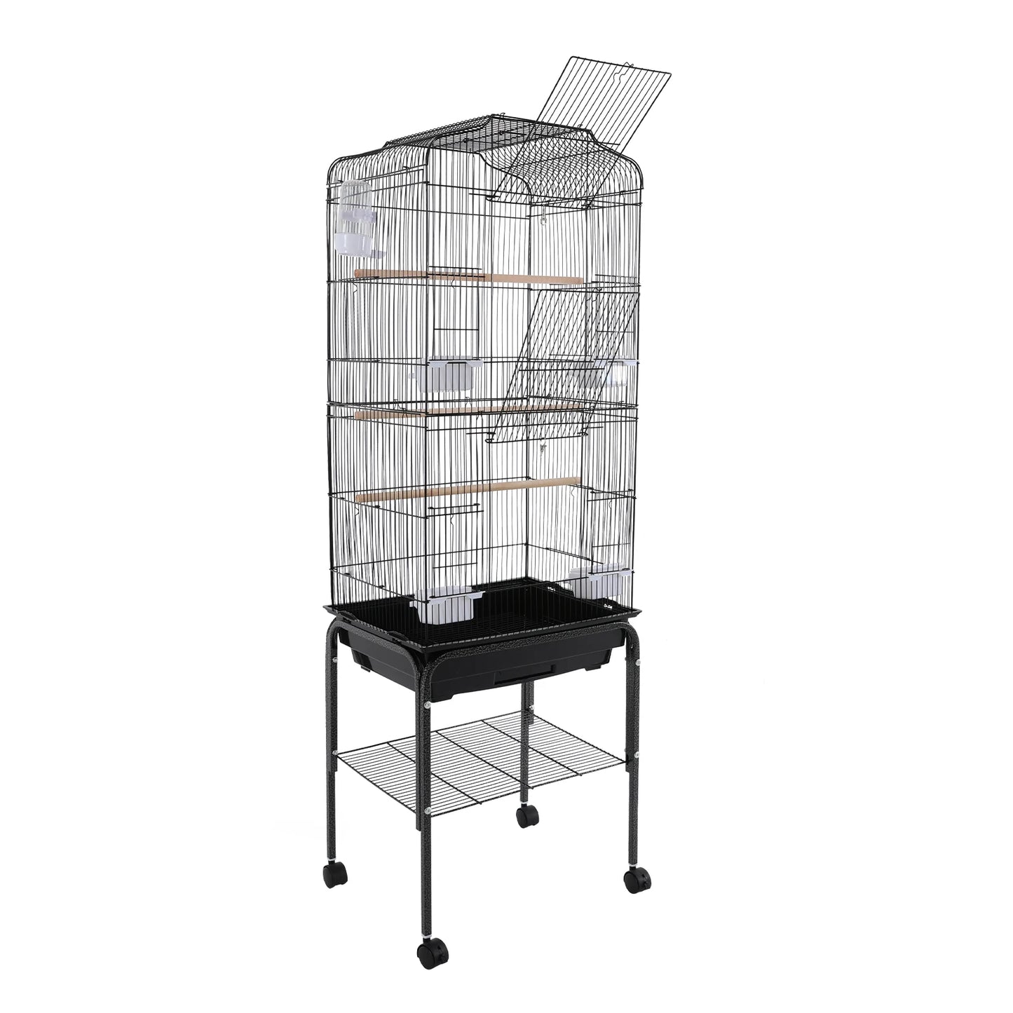 Large Bird Cage with Stand & Wheels, 47x37x137cm Flight Cage for Cockatiels Parrots Finches with Lockable Door (White/Black))