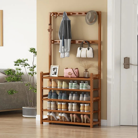 185cm Large Wooden 5 Tiers Hall Tree Hat Coat Stand with 8 Hooks Clothes Shoe Rack Hanger Hooks Shelf Storage  ﻿