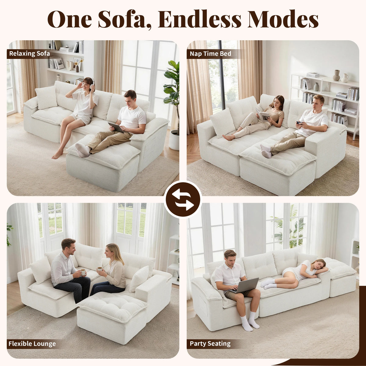Korser 110" Modern L Shape Boneless Cloud Sectional Sofa, Chenille Deep Seat Modular Couch with Ottoman, No Assembly Needed for Living Room