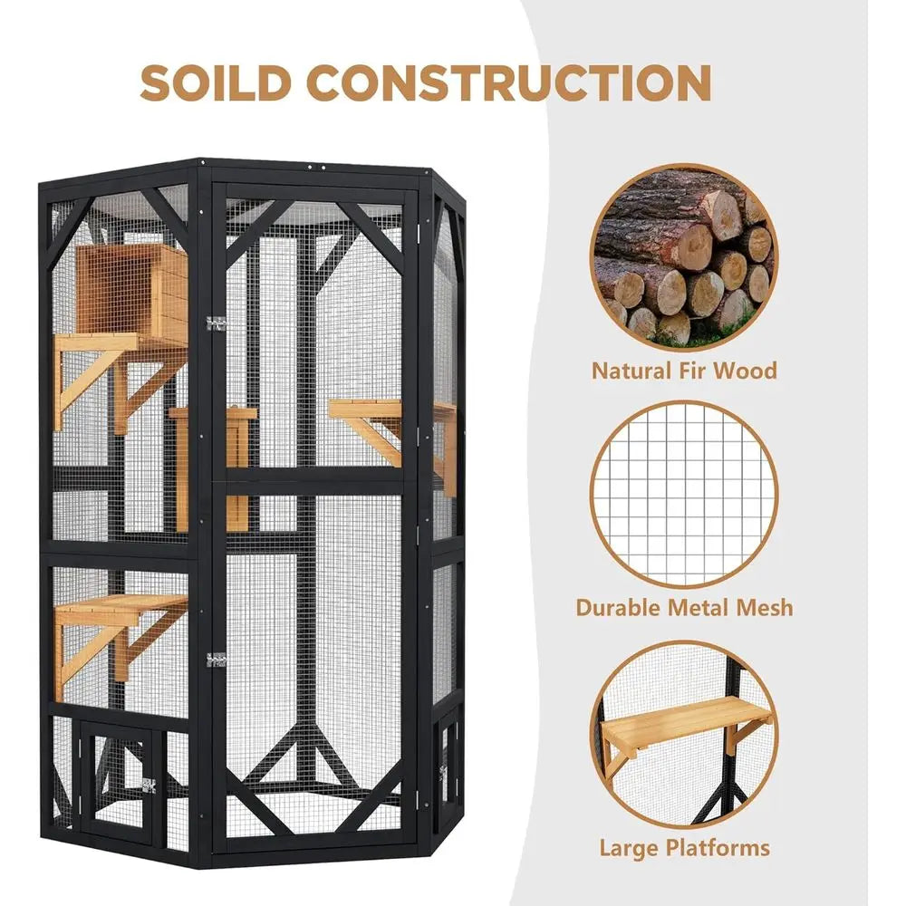 Large Outdoor Cat Catio, Tall Wooden Enclosure with Open-Top, Multi-Level Playpen, Perches & Private Condo, Multiple Access, Ind