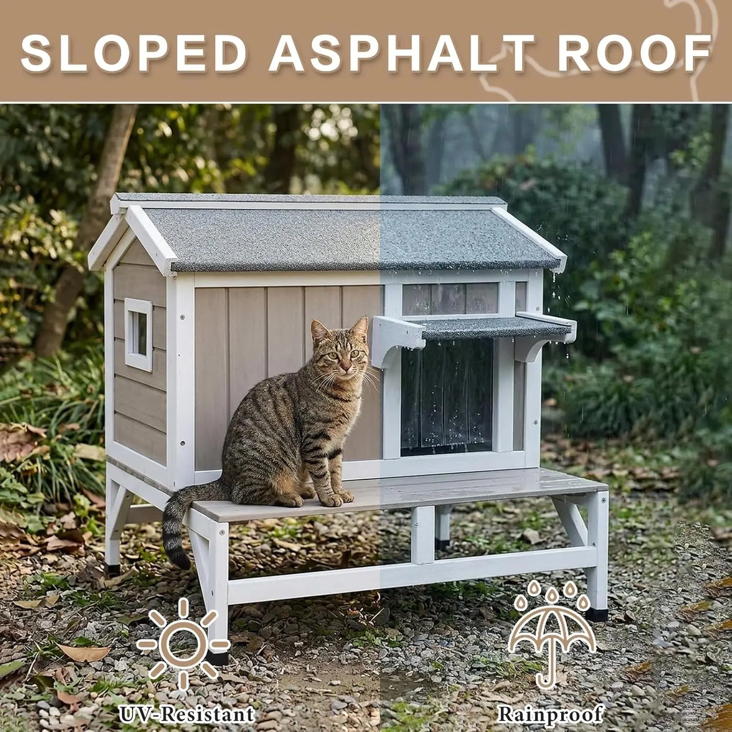 Outdoor Cat House – Weatherproof Wooden Shelter with Elevated Base, Balcony & Openable Roof