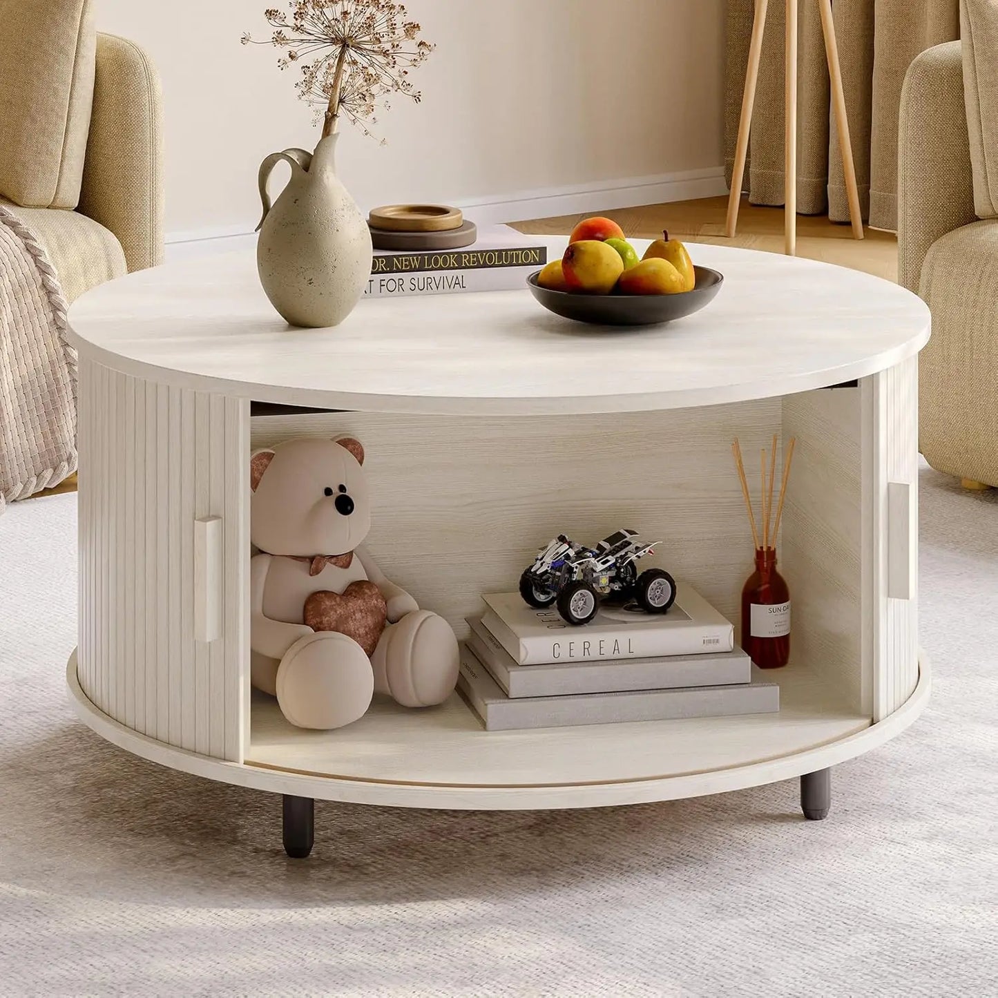 Modern Round Wood Coffee Table With Sliding Door Storage Cabinet