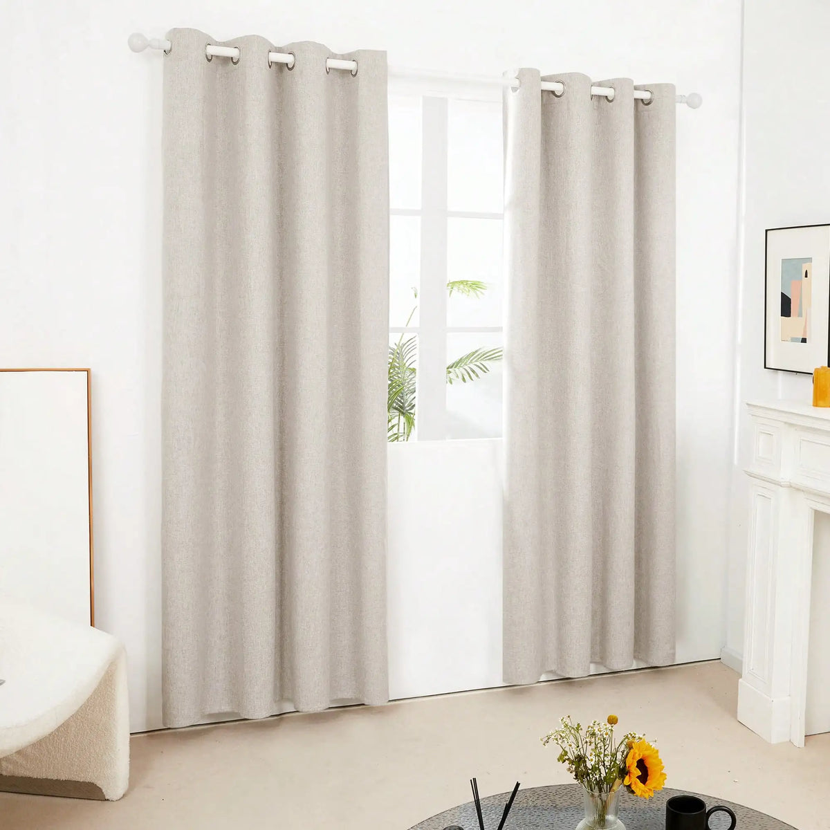 2 Pcs Full Blackout Curtains Faux Linen For Bedroom & Living Room - 100% Light Blocking Thermal Insulated Room Darkening, Noise Reducing, Modern Contemporary Style, 52 Inch Wide
