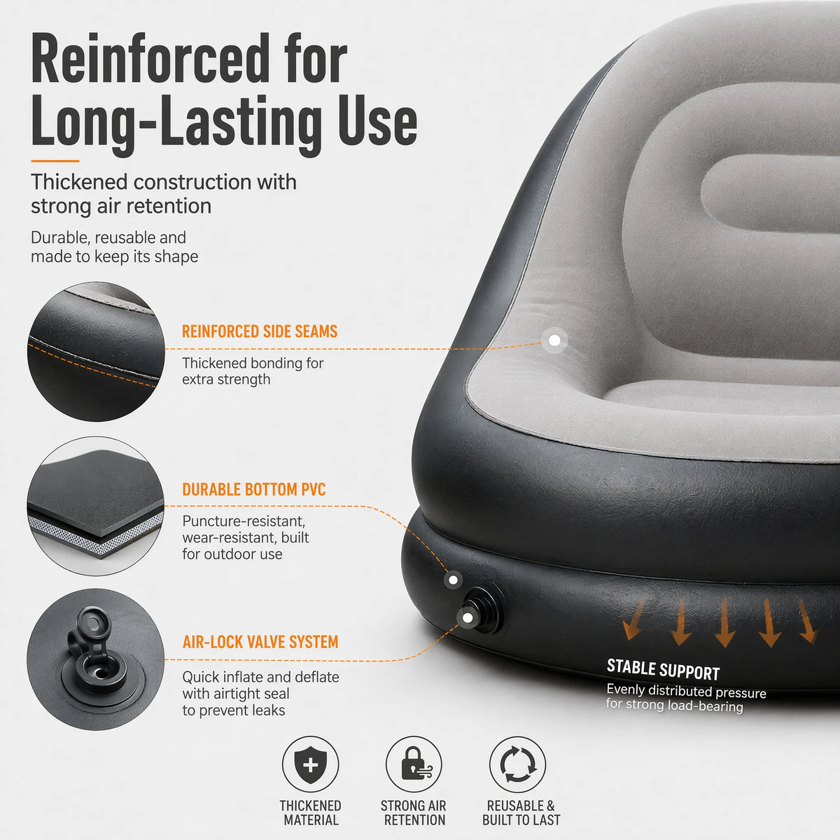 Inflatable Flocking Lazy Sofa Set with Foot Stool Portable Foldable Air Sofa Chair for Indoor Bedroom Outdoor Camping Leisure Furniture