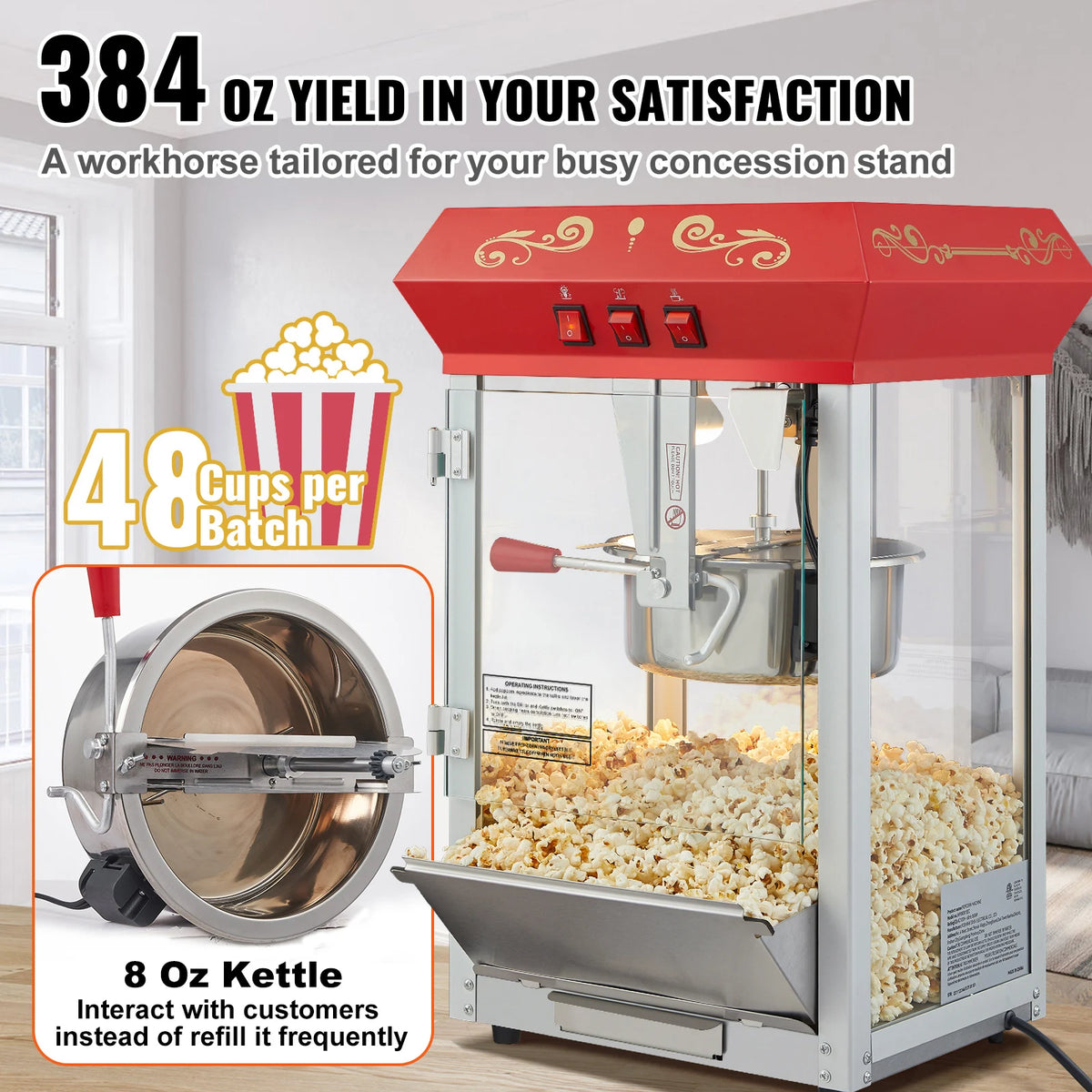 SucceBuy Popcorn Maker Popcorn Popper Machine 8 Oz 12 Oz Kettle Makes 48 or 80 Cups per Batch Countertop Popcorn Maker